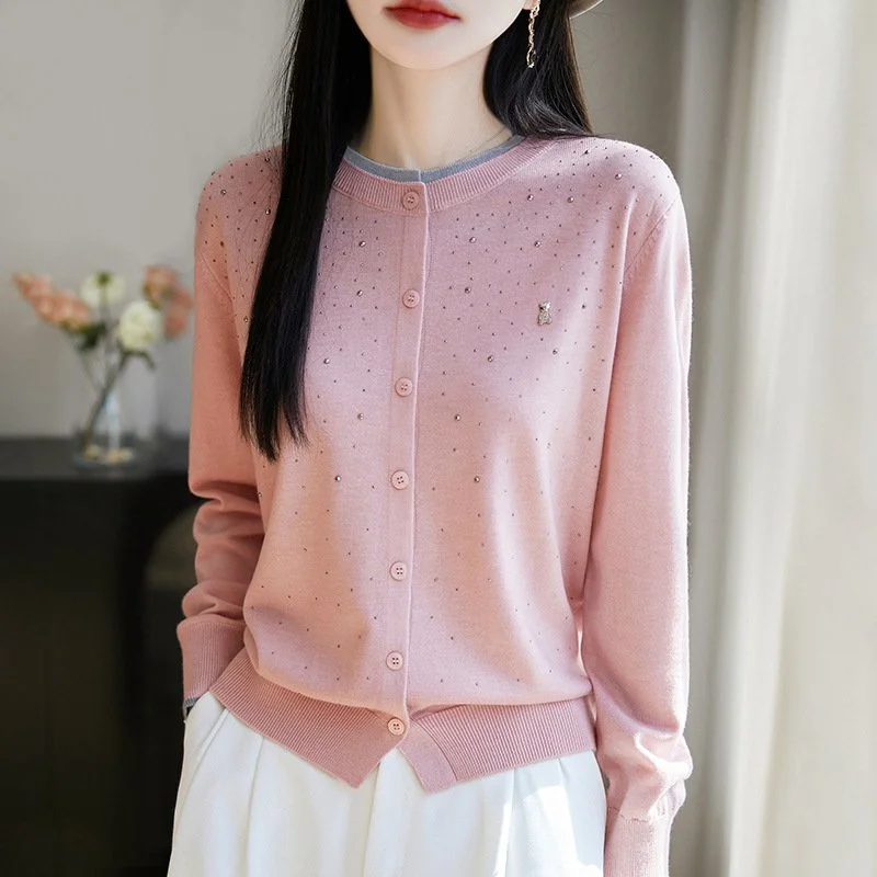 Wool Bear Rhinestone Cardigan Round Neck Long Sleeve Top