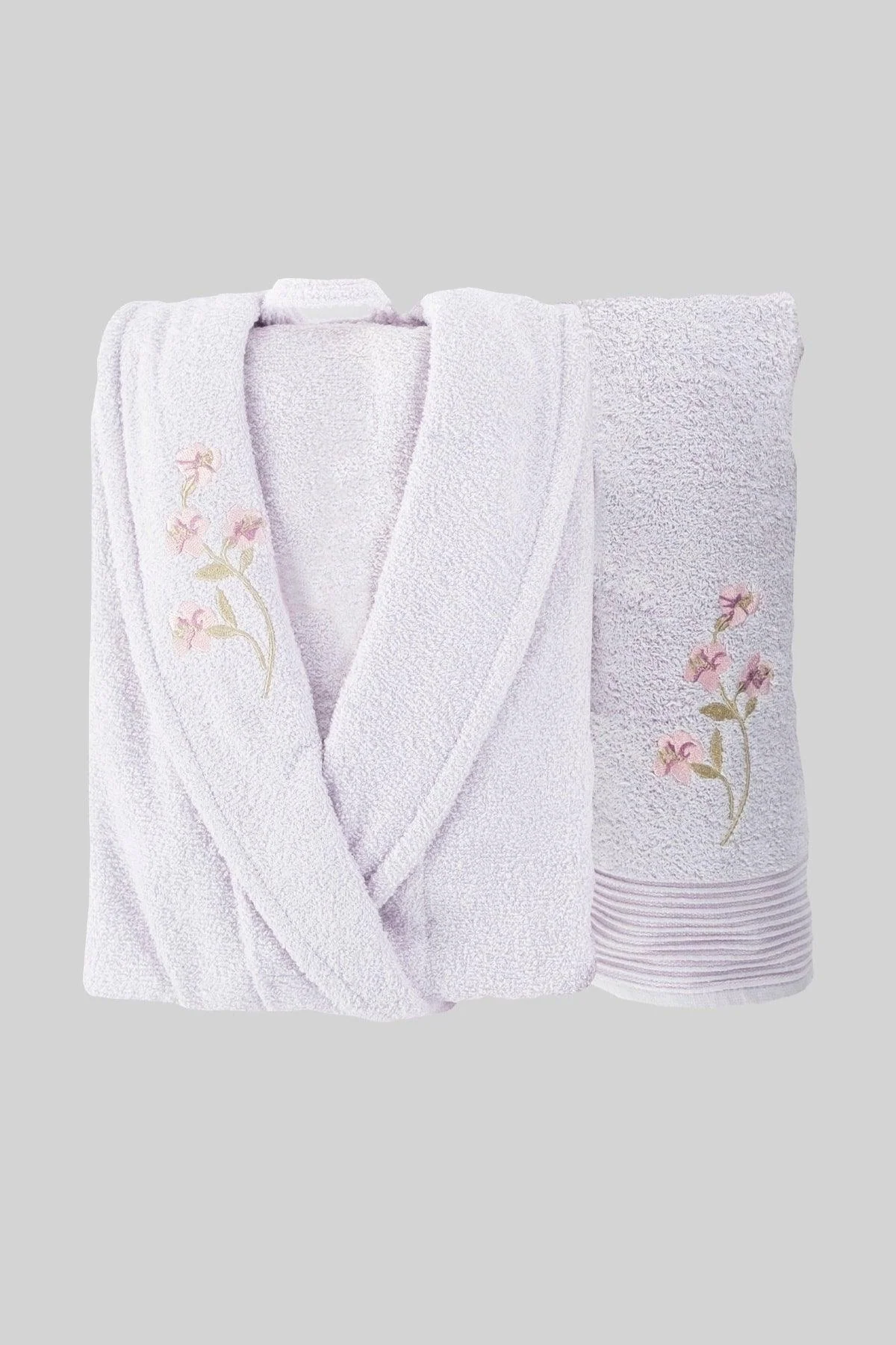 Lilac 100% Cotton Bathrobe Set with Hand Towel