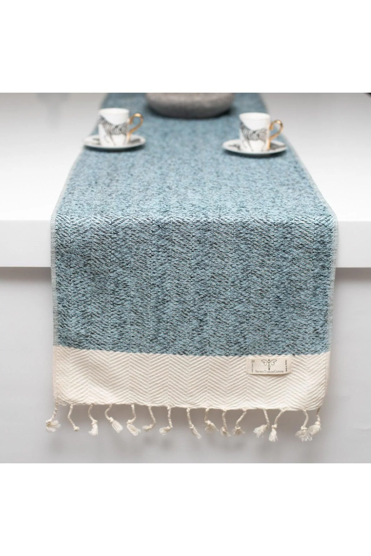 Light Blue Herringbone Cotton Table Runner – 38 x 182 cm, Easy-Iron Fabric