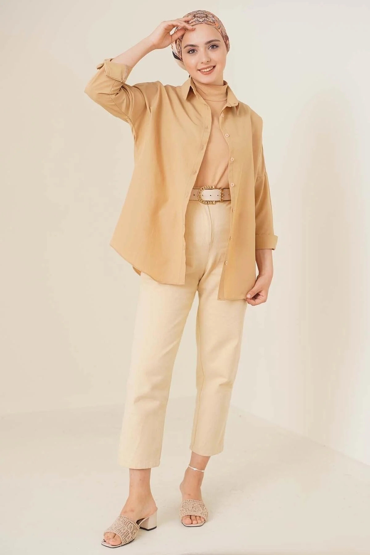 Oversized cotton blend hijab shirt in beige
