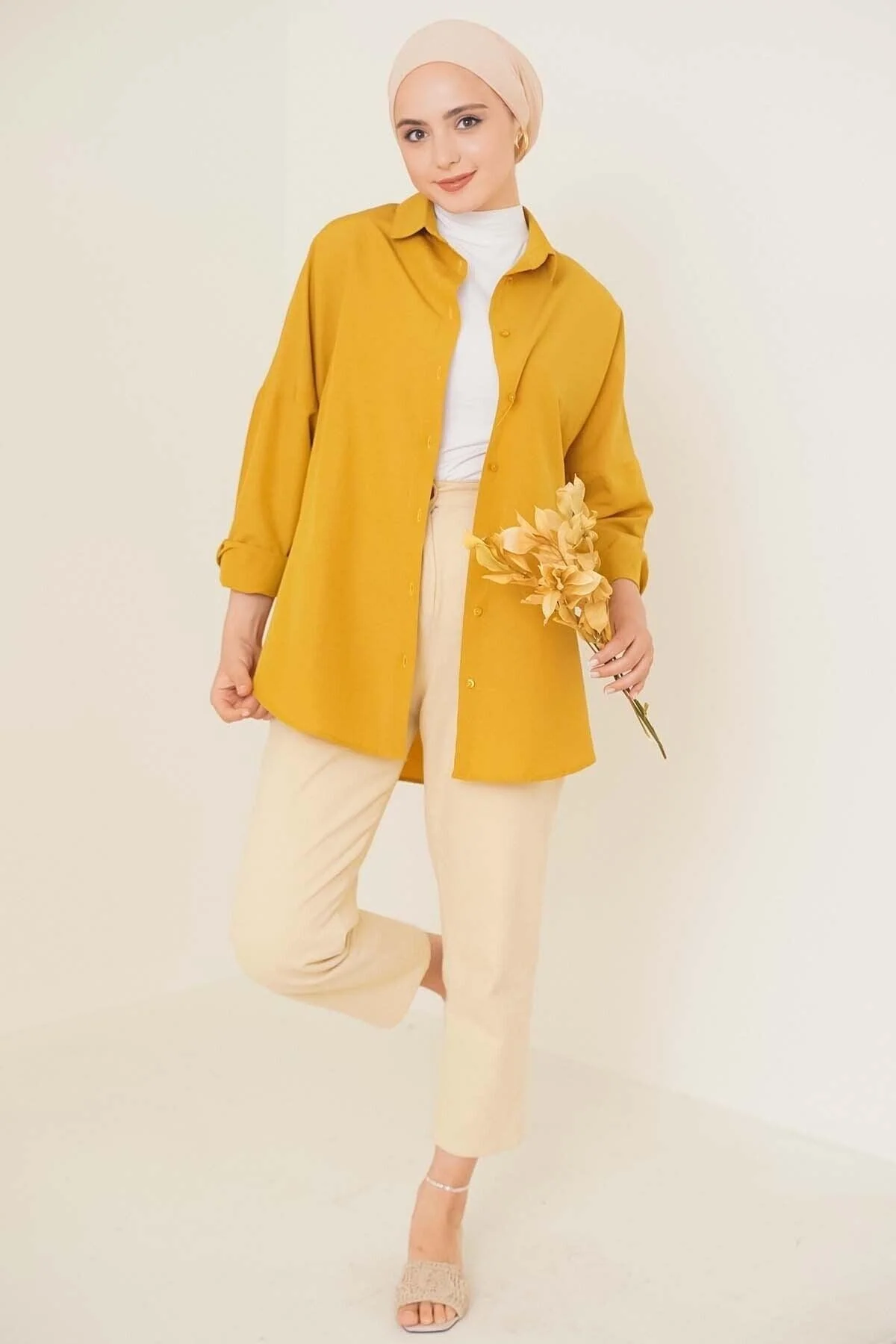 Oversized cotton blend hijab shirt in mustard