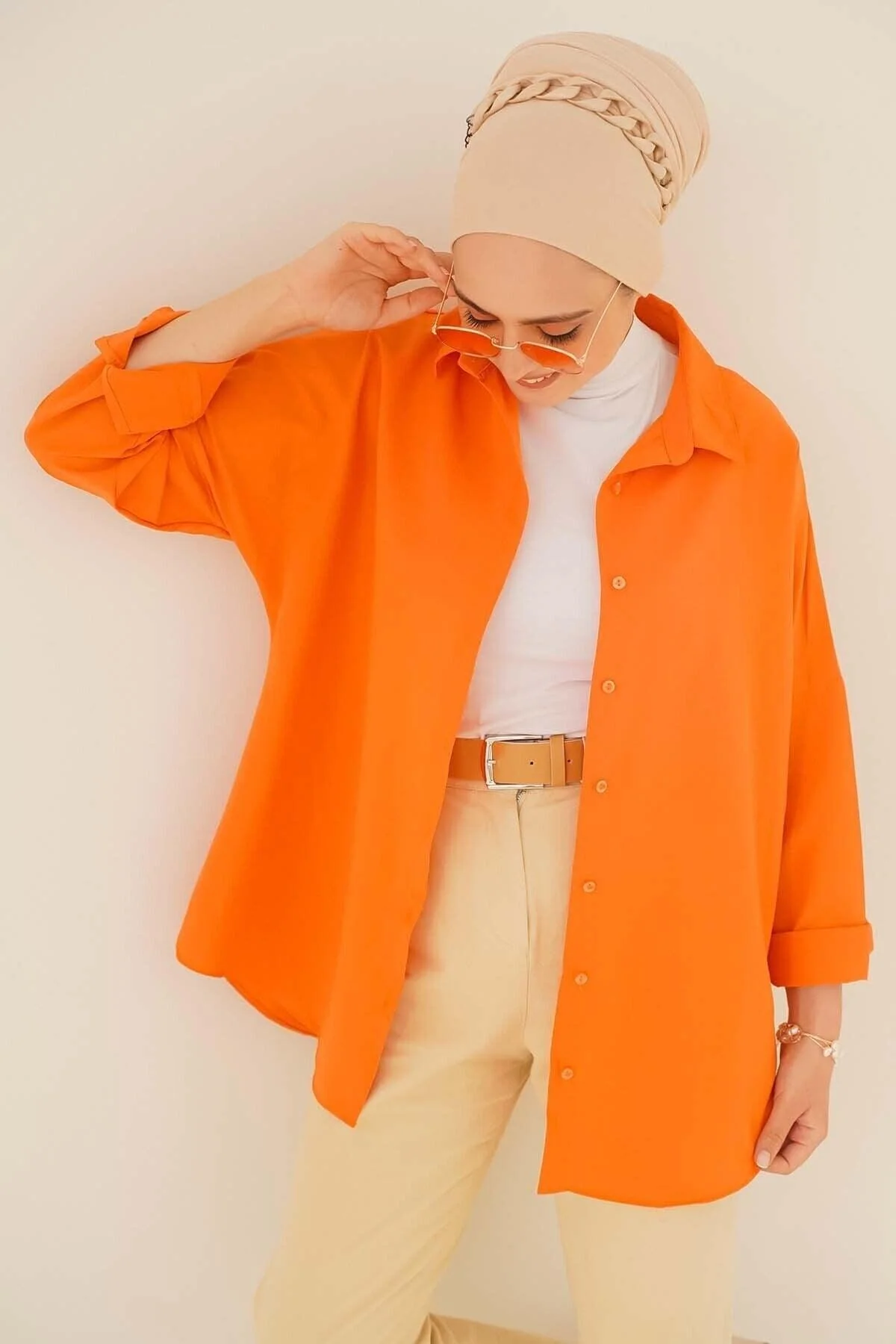 Oversized cotton-polyester blend hijab shirt in orange