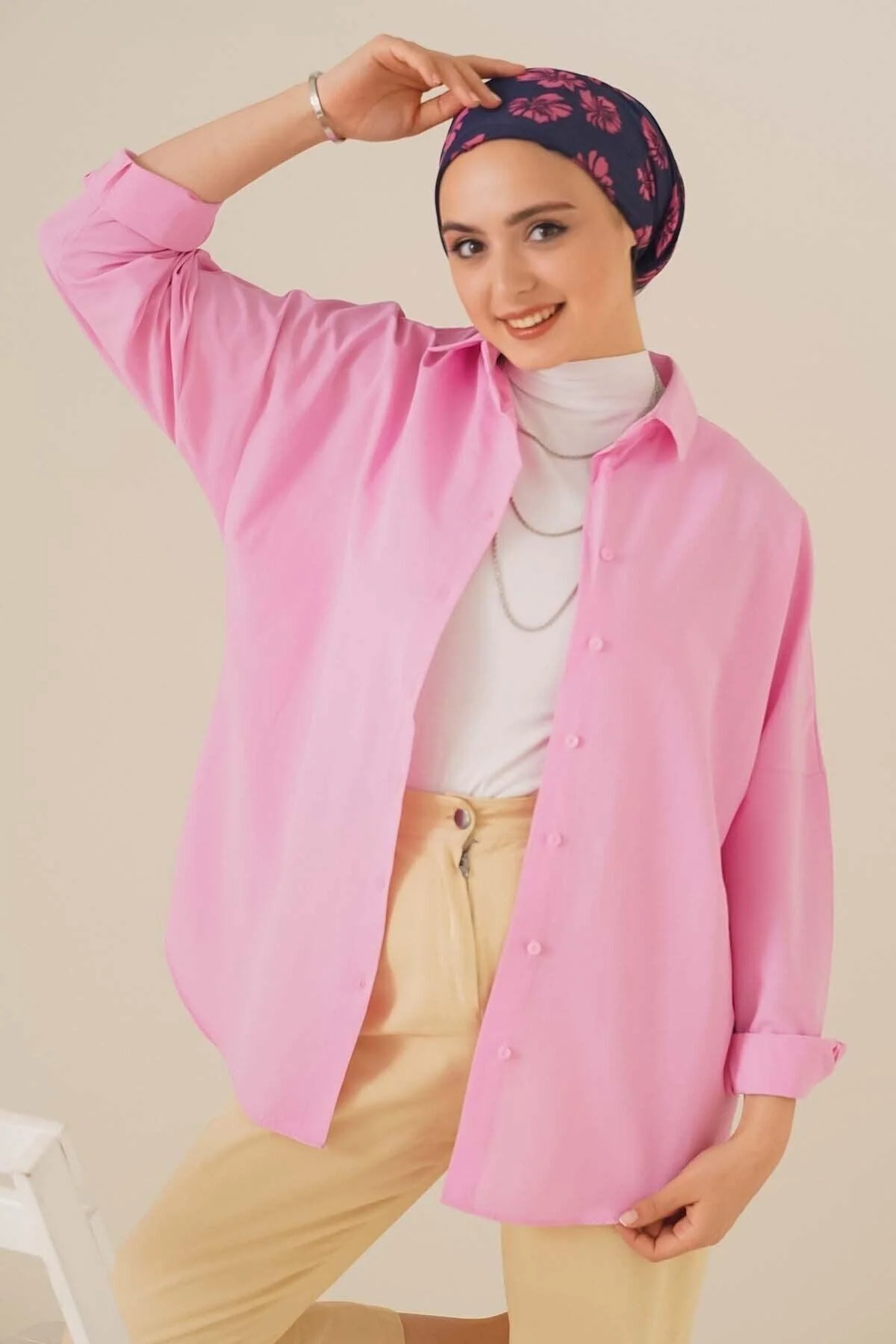 Soft pink oversized hijab shirt for modest styling