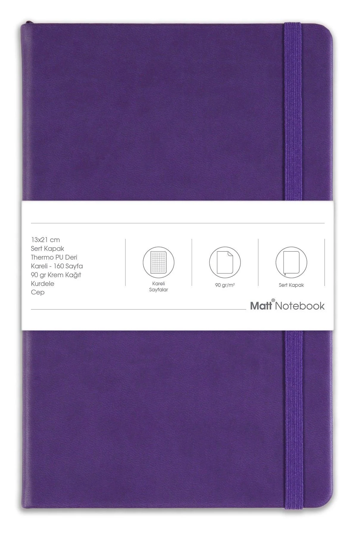 Hardcover Checkered Notebook, 13 x 21 cm, 80 Sheets, Purple