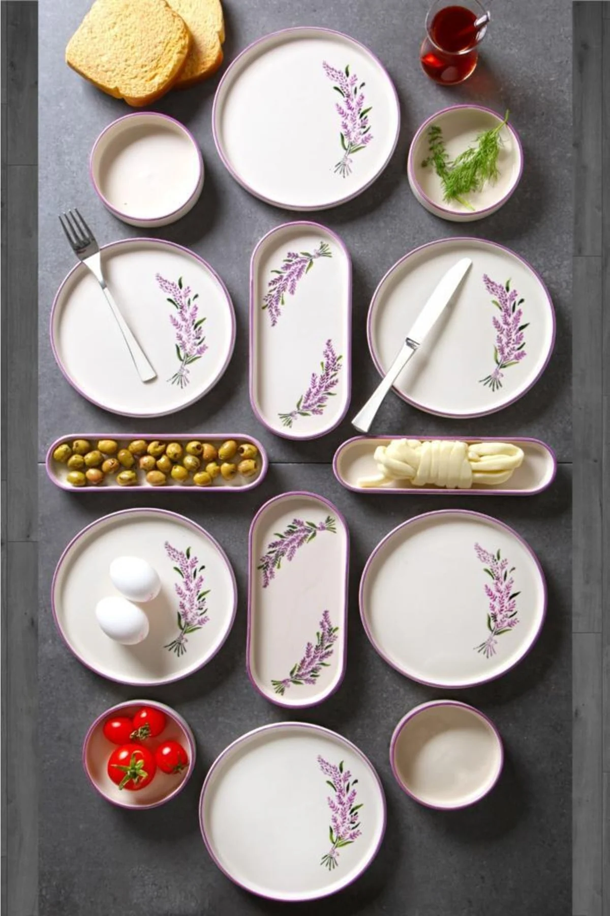 14-piece lavender patterned breakfast set for 6 people