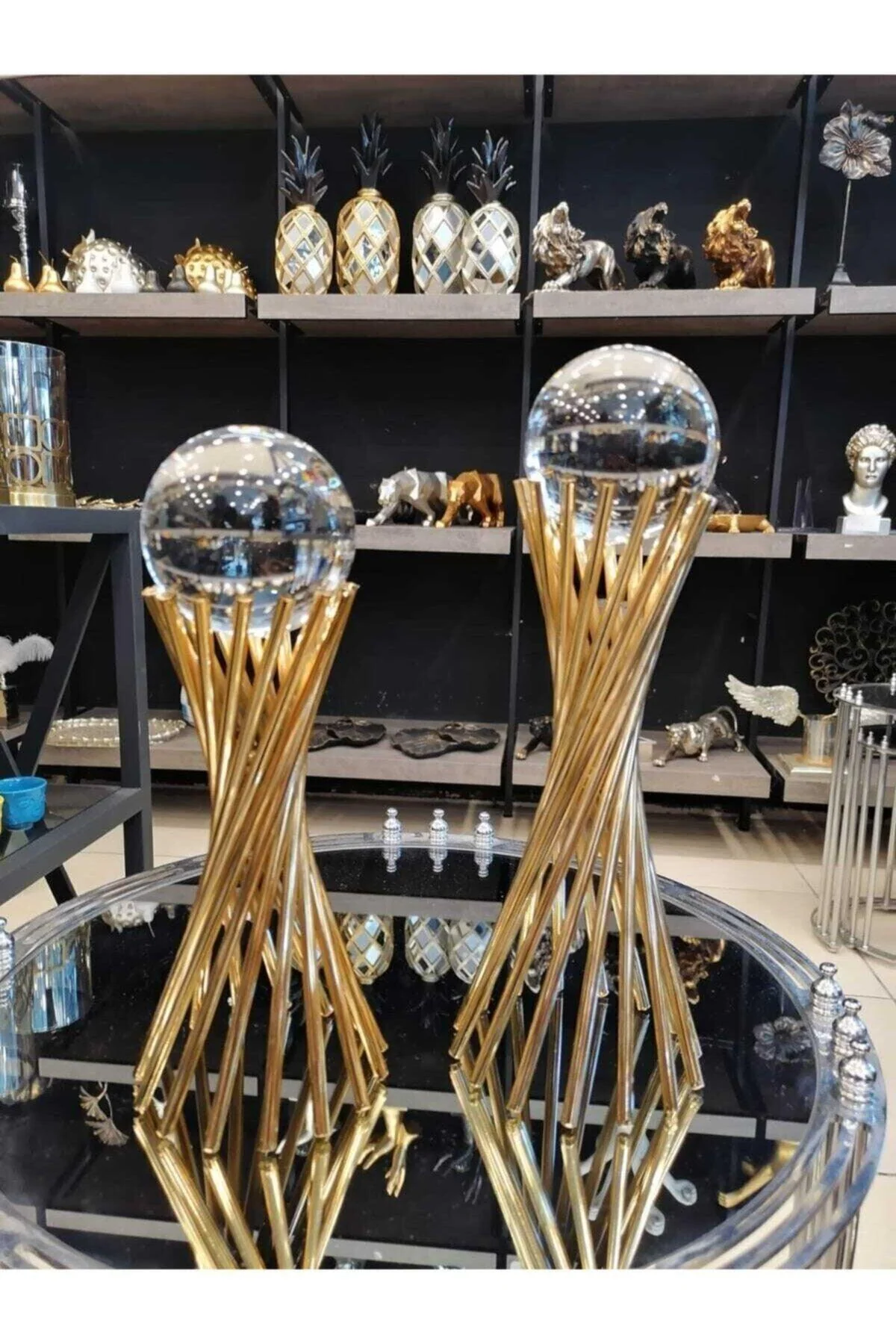 Set of 2 crystal ball ornaments with gold cross design