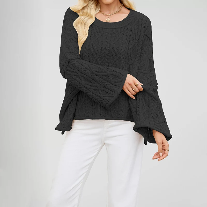2 O-neck Short Cable Loose-fitting Solid Color Sweater