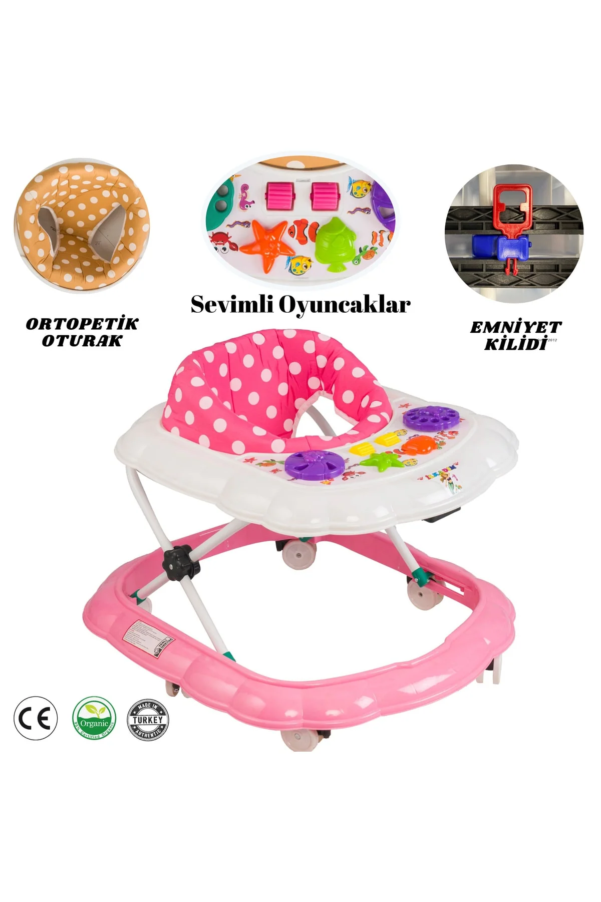 Adjustable baby toy walker with 3 height levels and sponge seat