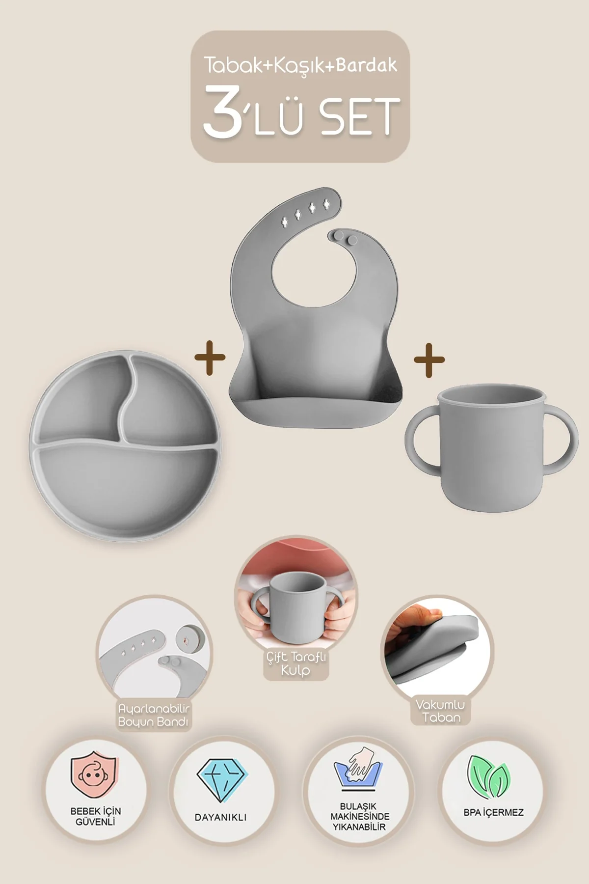 3-piece silicone baby feeding set with plate, cup and bib