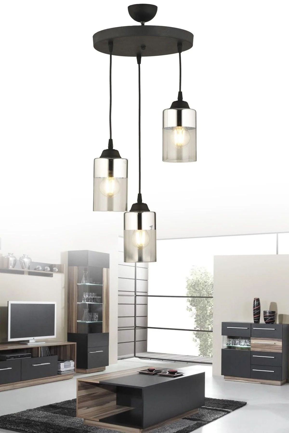 Set of 3 Silver Glass Pendant Trays - Decorative Wall Shelves with E27 Bulb Socket