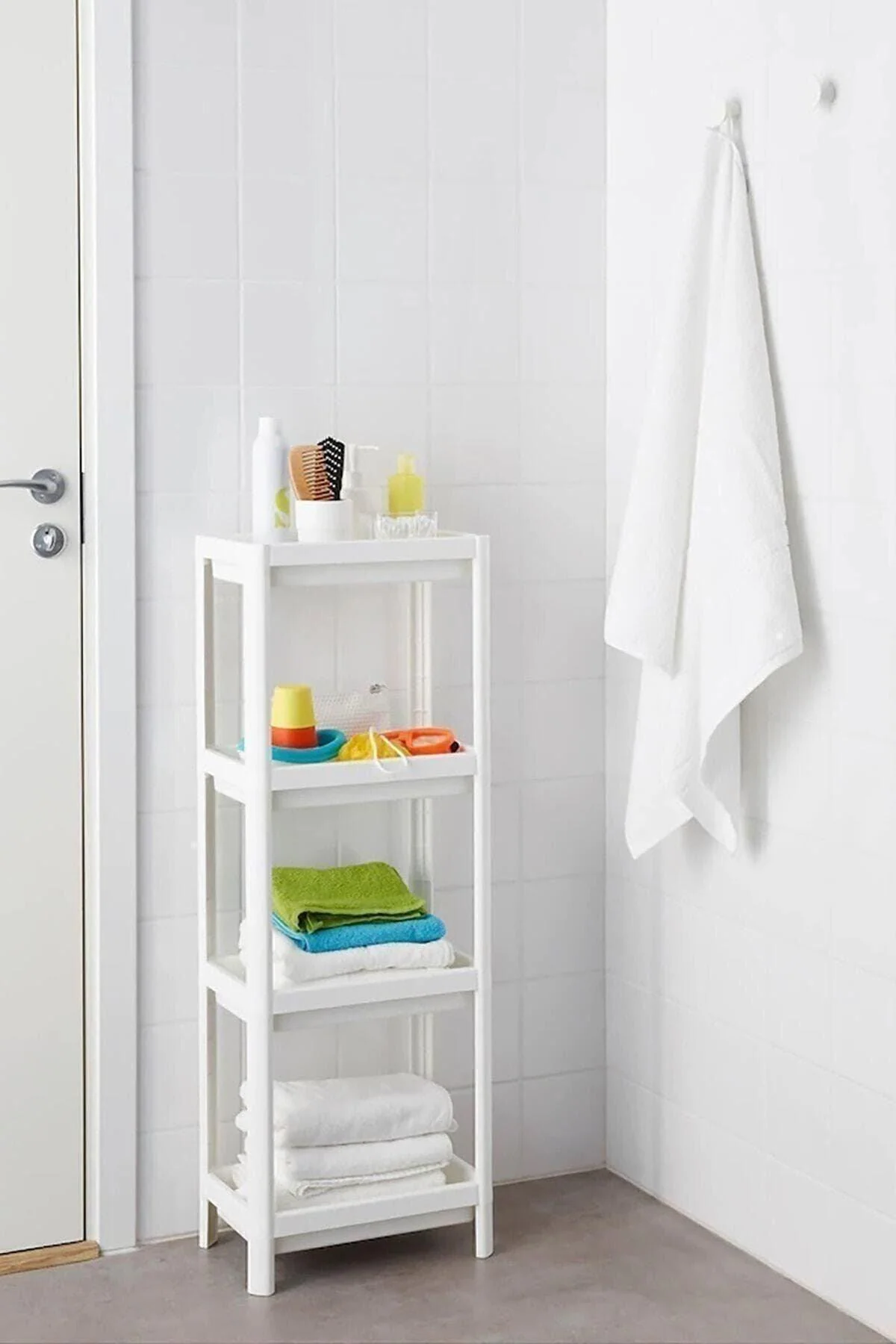 4-tier white bathroom shelving unit, 100cm high