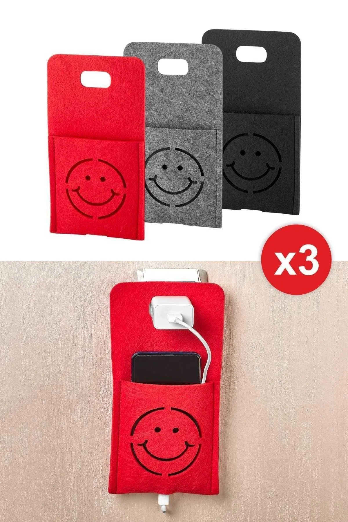 Set of 3 Felt Charging Stands with Smiling Face Design - Black, Grey, Red