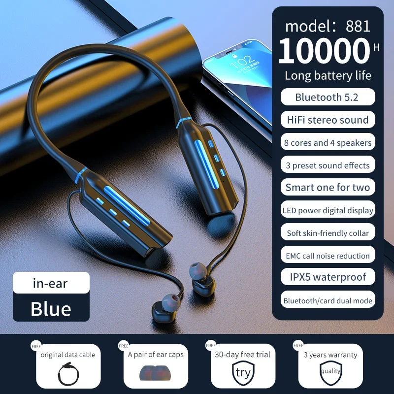 Long-Lasting Wireless Neckband Earbuds with 10000mAh Battery & Active Noise Cancellation