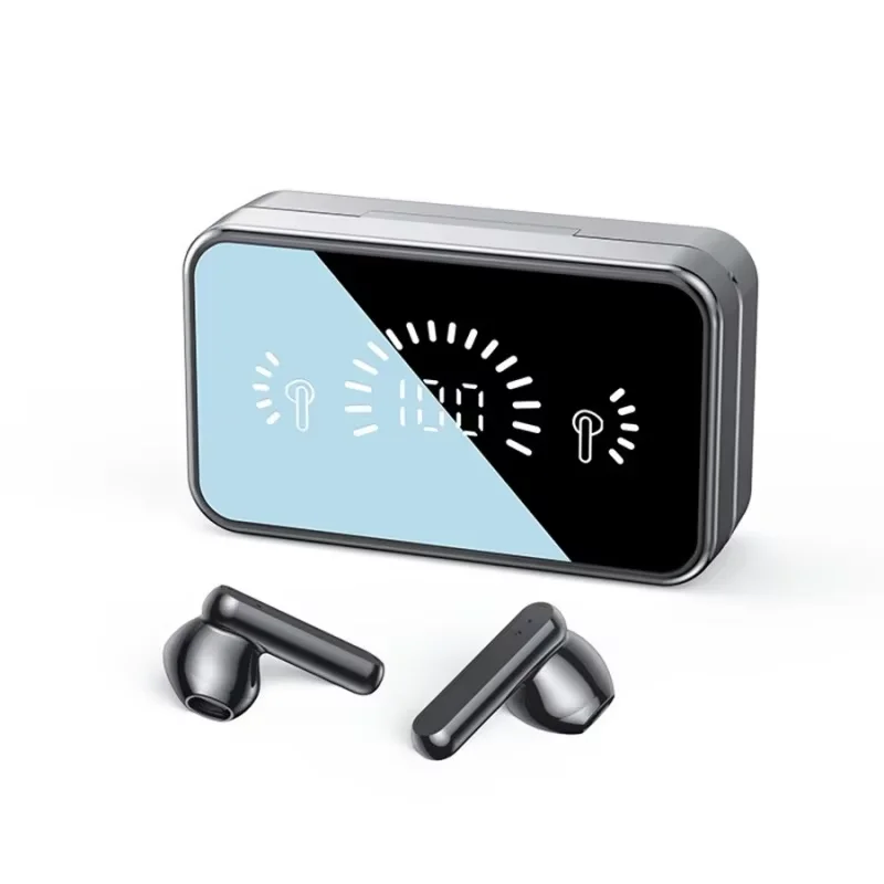 Wireless Bluetooth earbuds with mirror finish and digital display for gaming