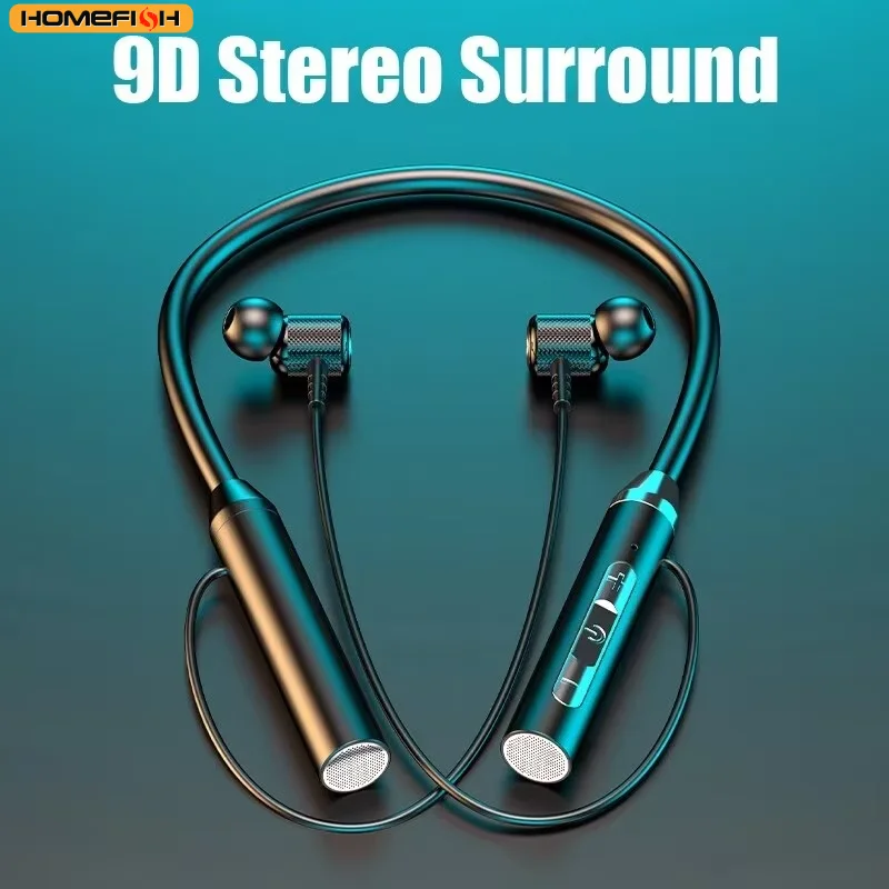 9D wireless Bluetooth sport neckband earbuds with magnetic clip