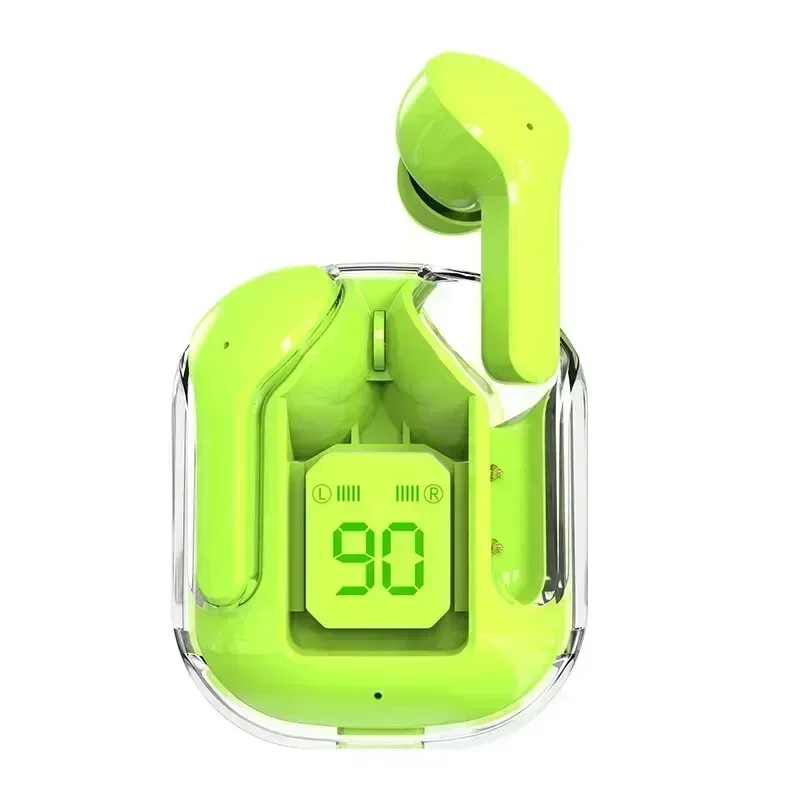 Transparent Bluetooth TWS earbuds with noise cancellation and power display