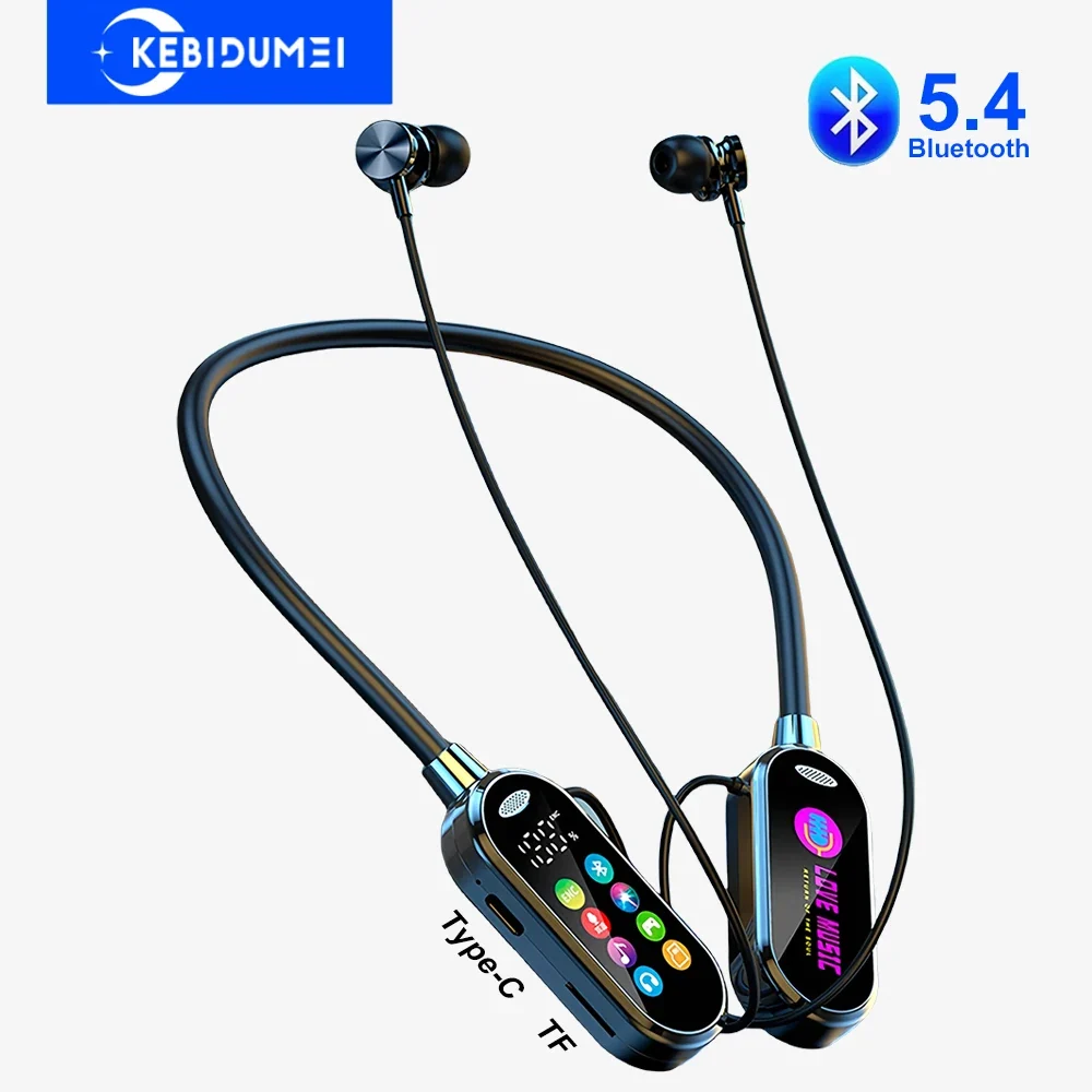 Neckband Bluetooth 5.4 Wireless Earbuds with Color Display – Hi-Fi Sound & Built-in Microphones