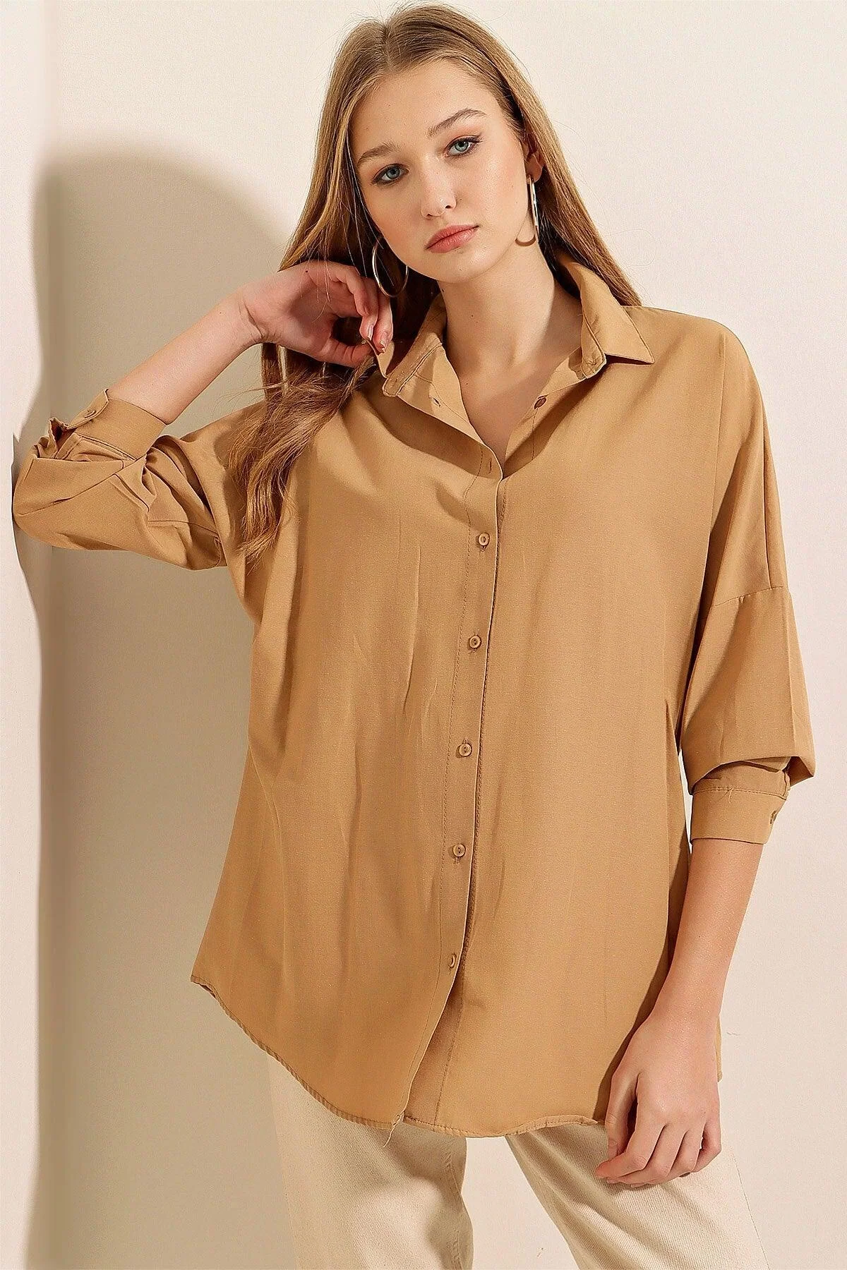 Biscuit beige oversized long-sleeve cotton shirt for men