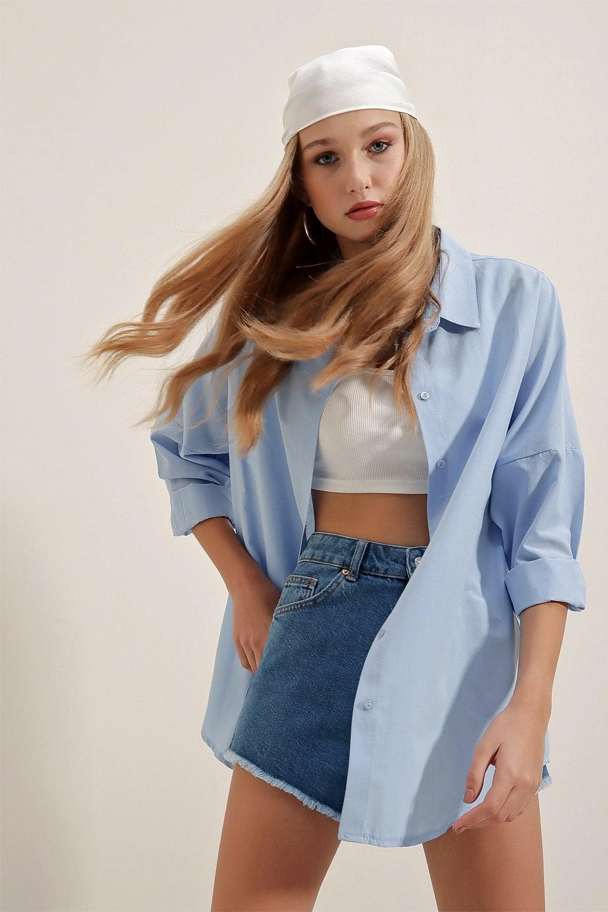 Oversized long-sleeve cotton blend shirt in navy blue