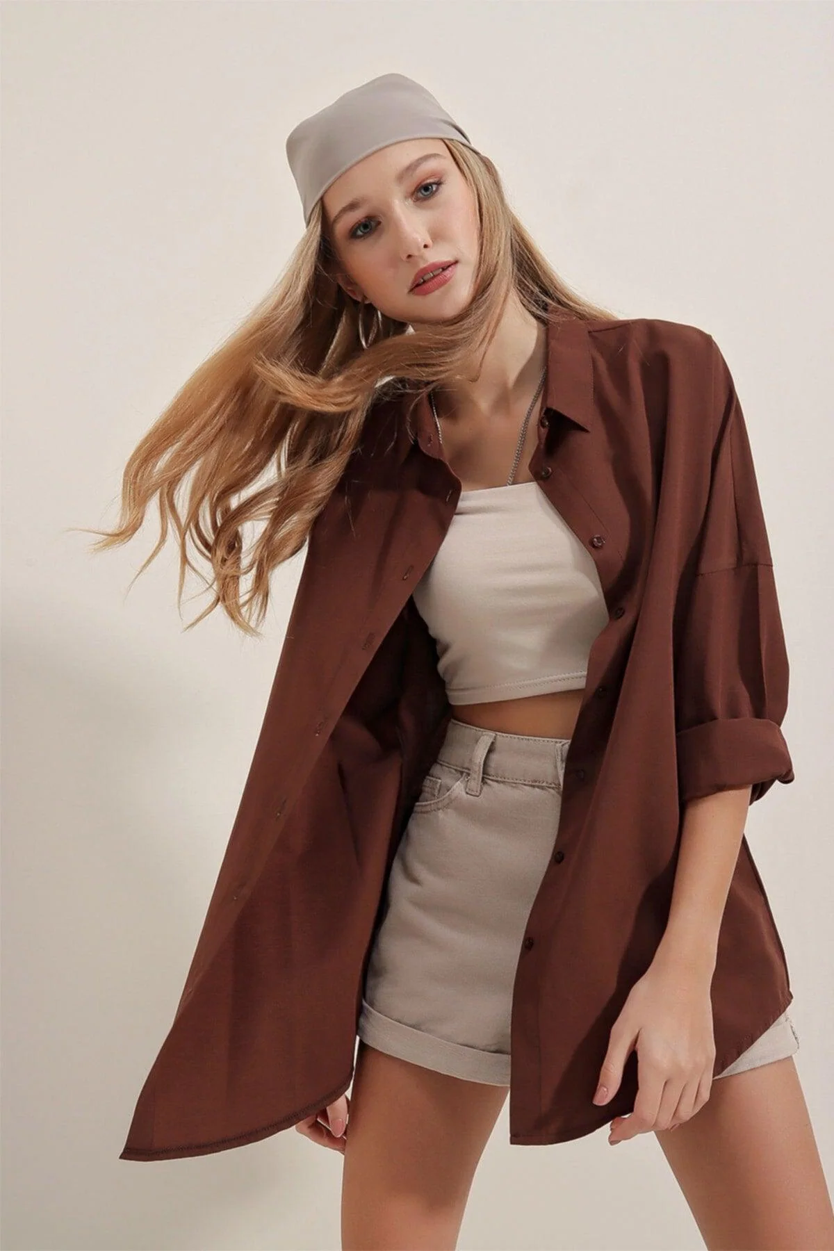 Brown Oversized Long-Sleeve Shirt in Cotton-Polyester Blend