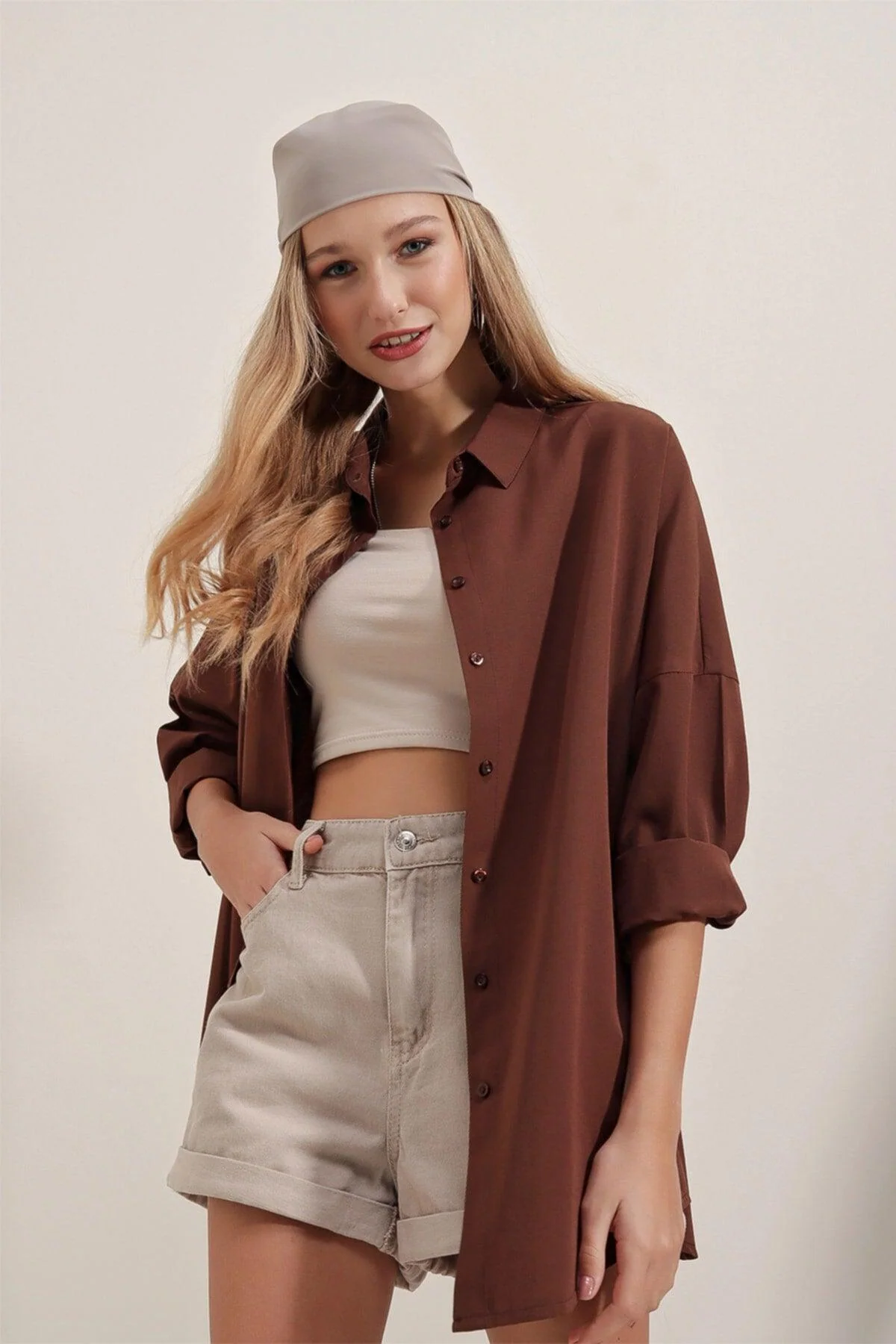 Brown Oversized Long-Sleeve Shirt in Cotton-Polyester Blend