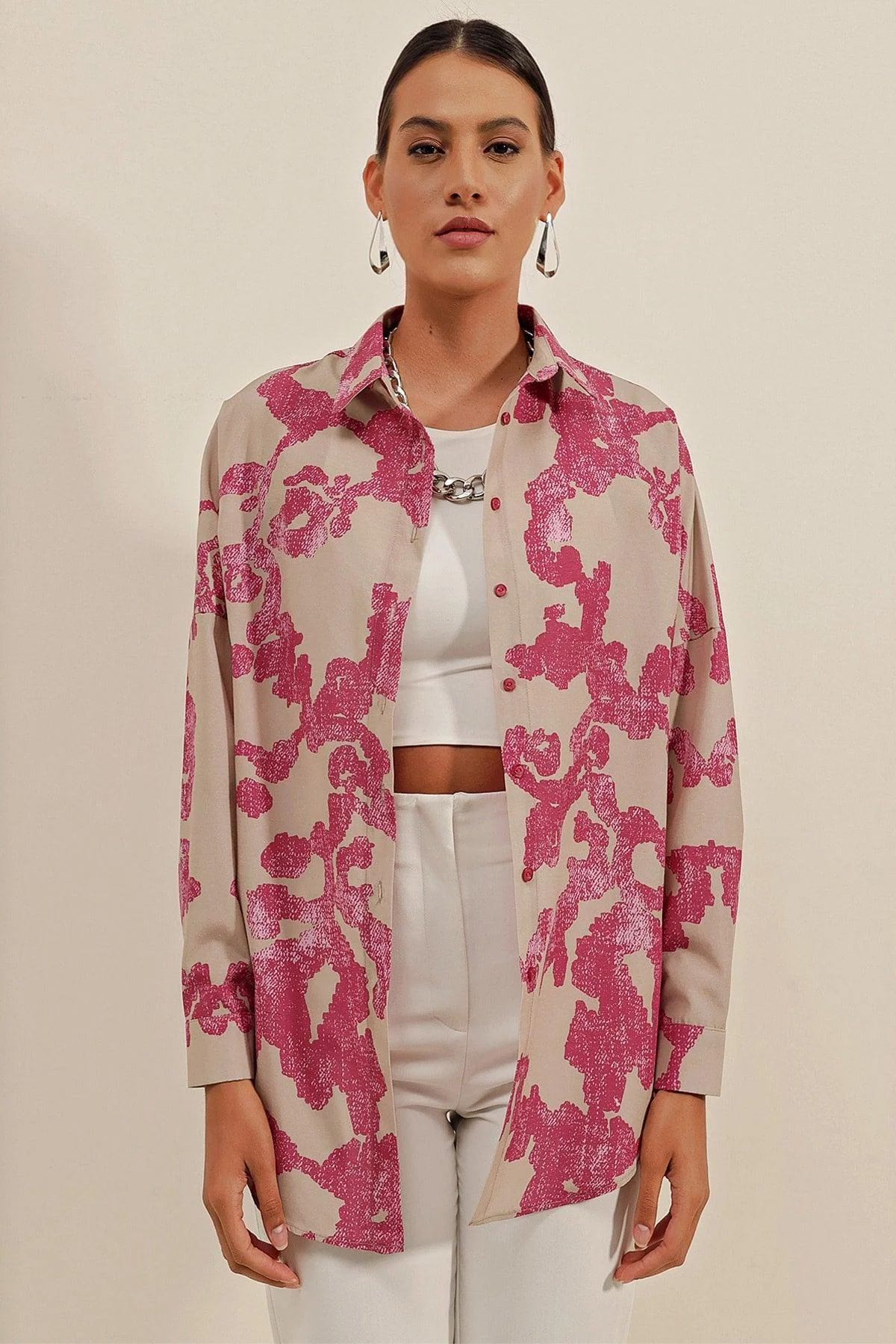 Fuchsia oversized long-sleeve cotton shirt for men