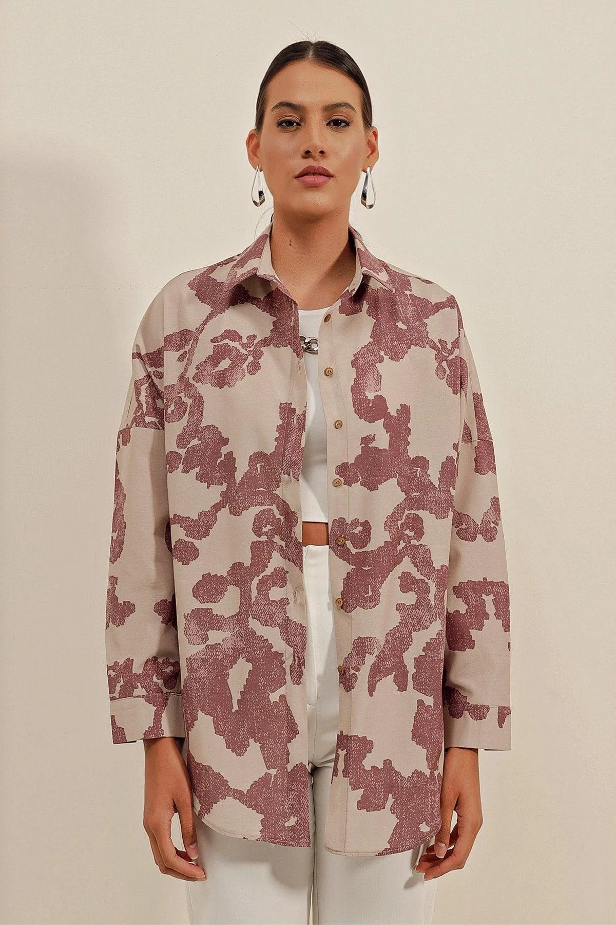 Dried rose pink oversized long-sleeve cotton shirt for men