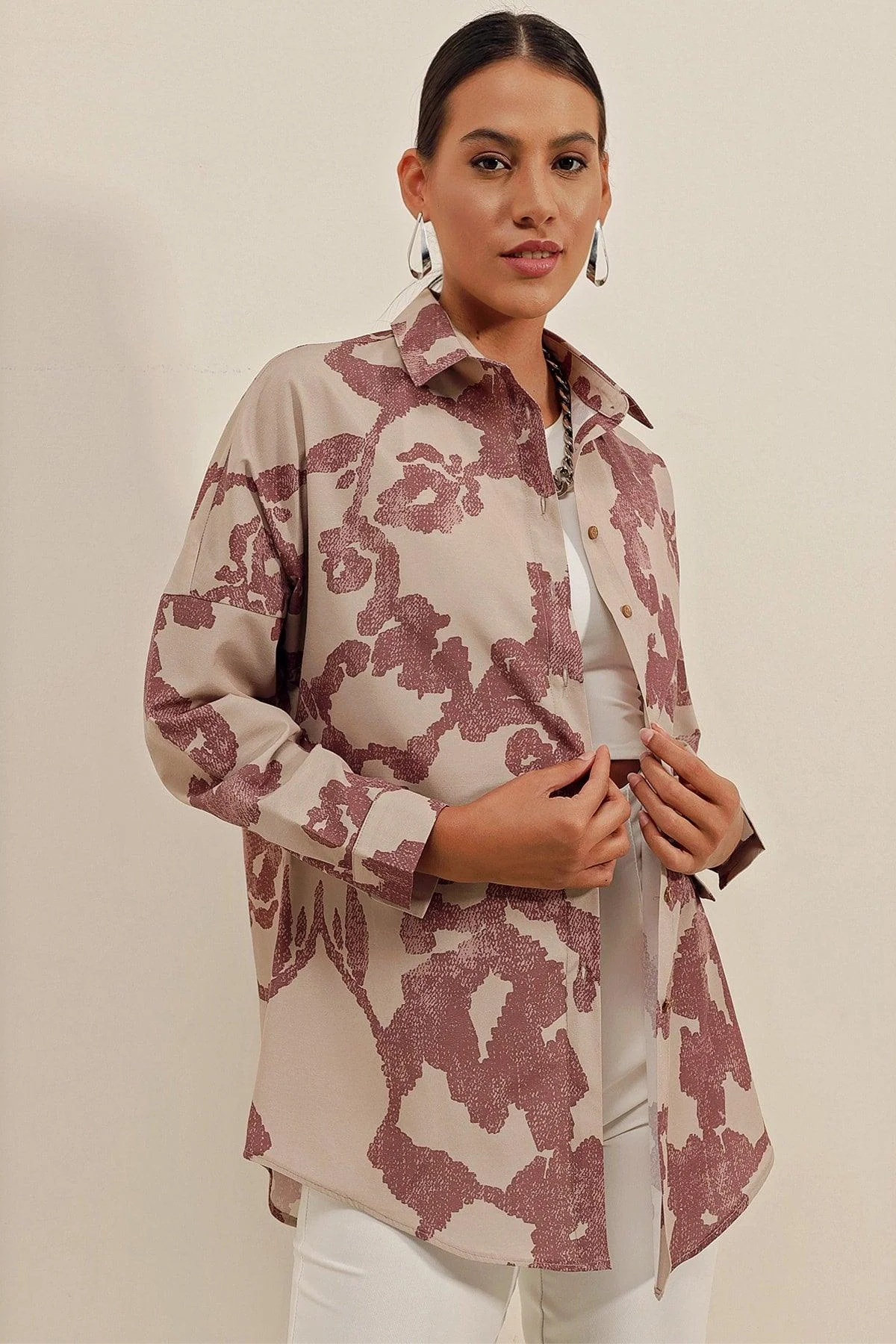 Dried rose pink oversized long-sleeve cotton shirt for men