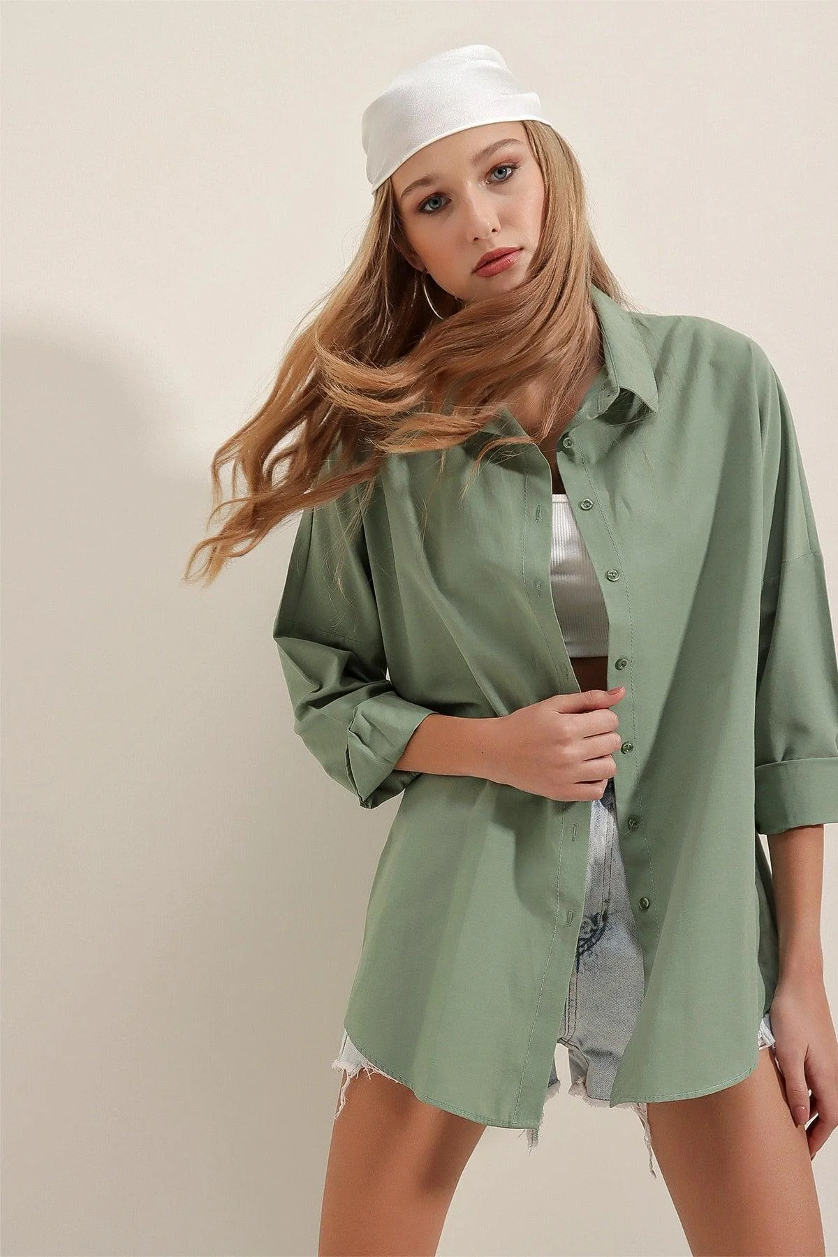 Oversized cotton blend long shirt in khaki
