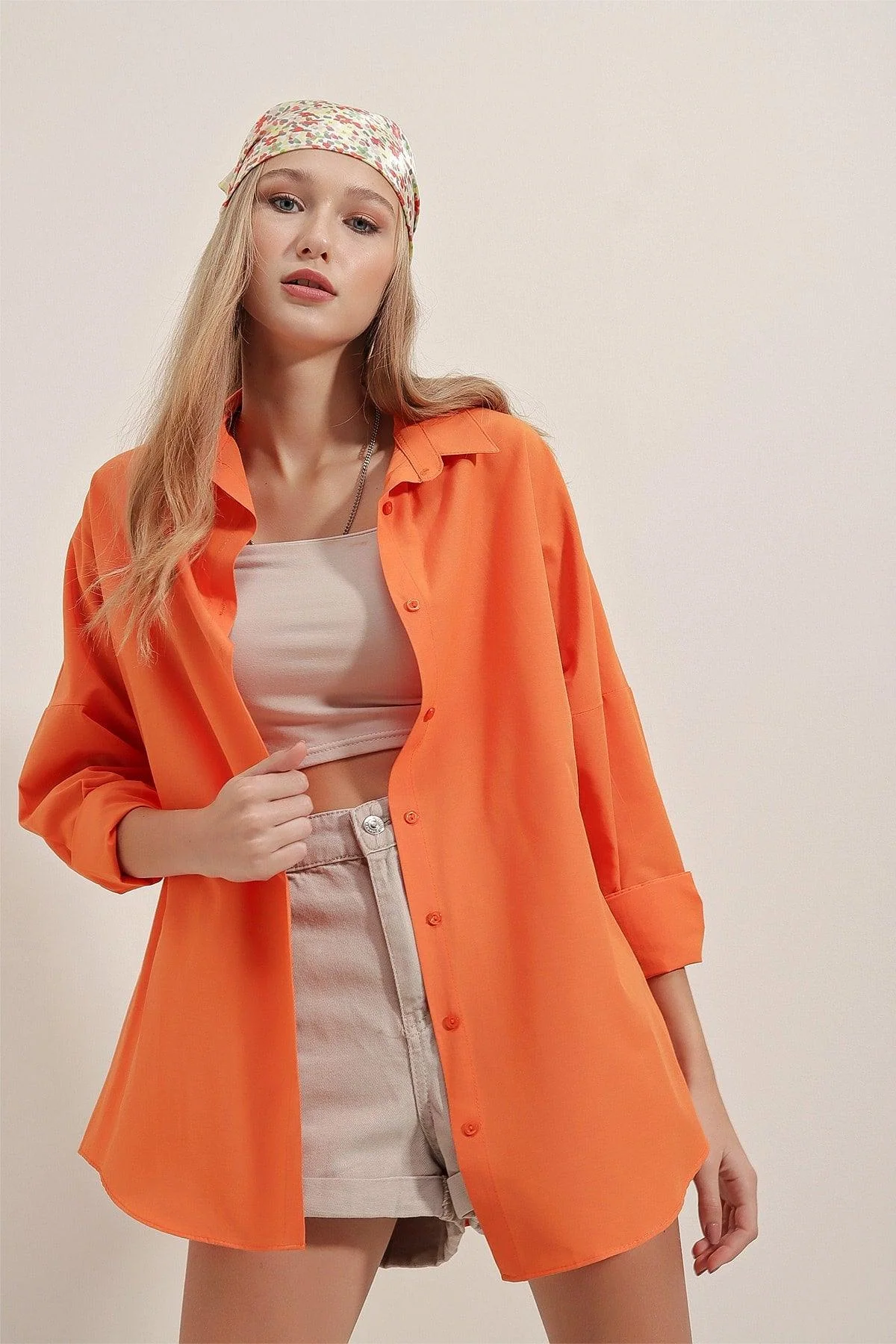Oversized long-sleeve cotton blend shirt in burnt orange