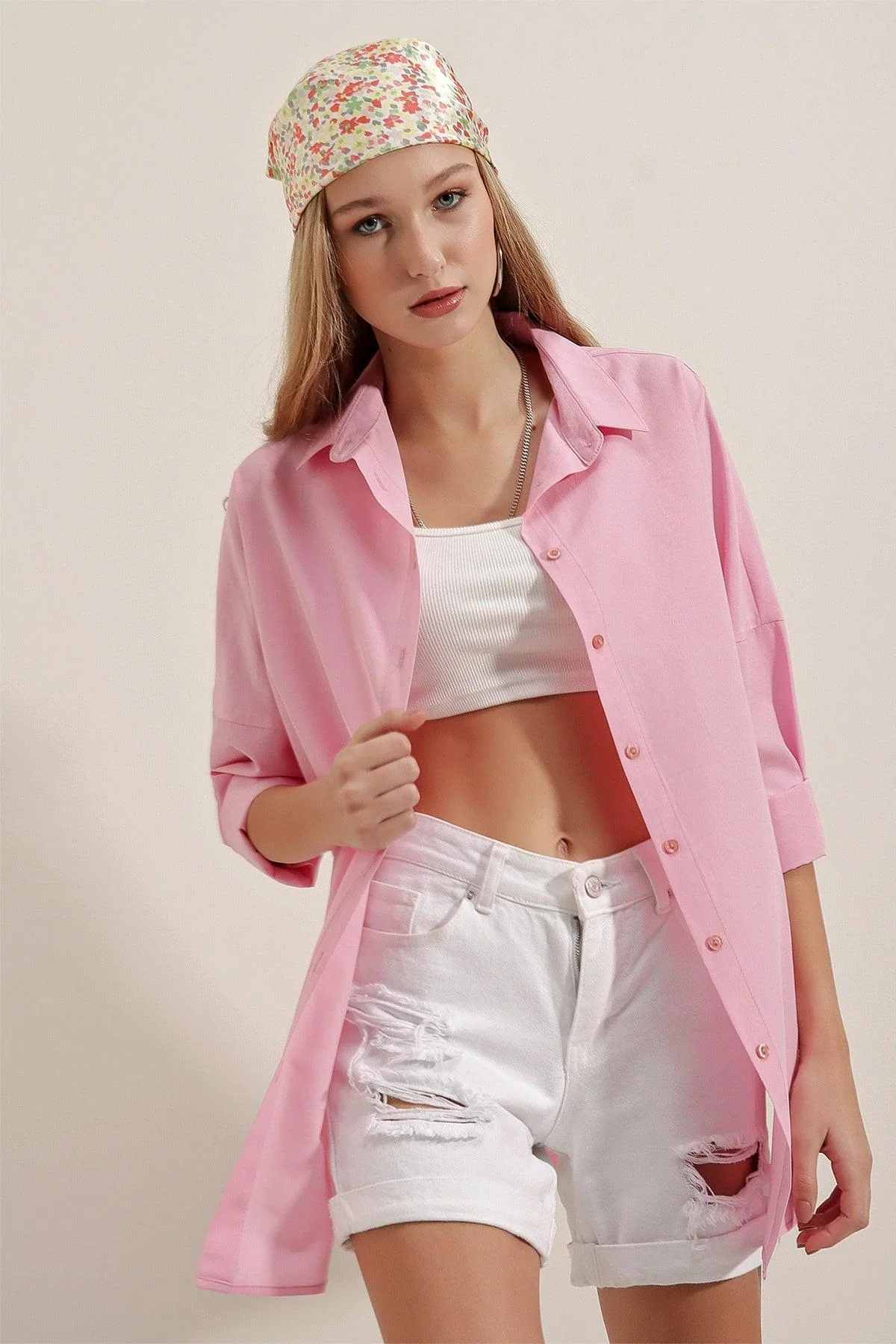 Oversized long-sleeve cotton blend shirt in dusty pink