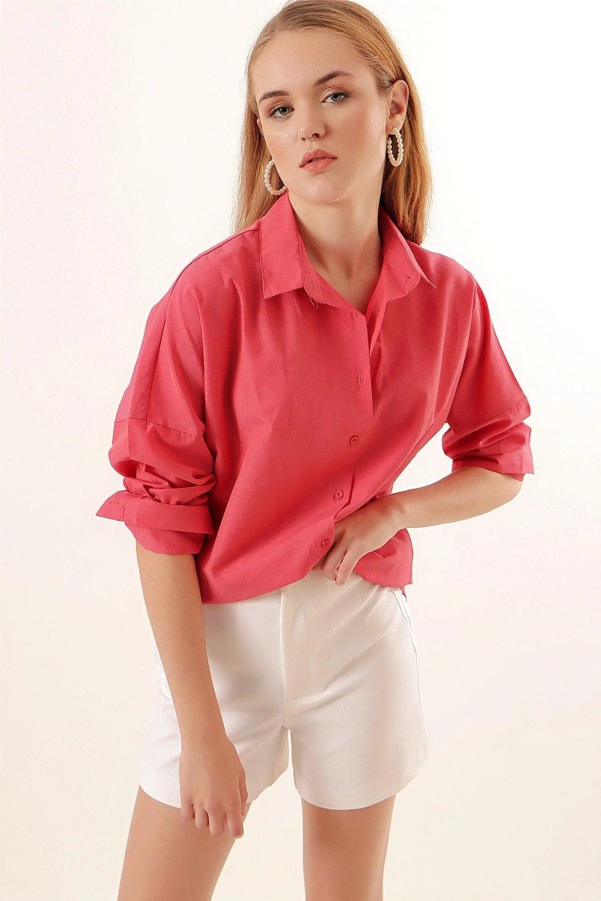 Pomegranate red oversized long-sleeve cotton shirt for men