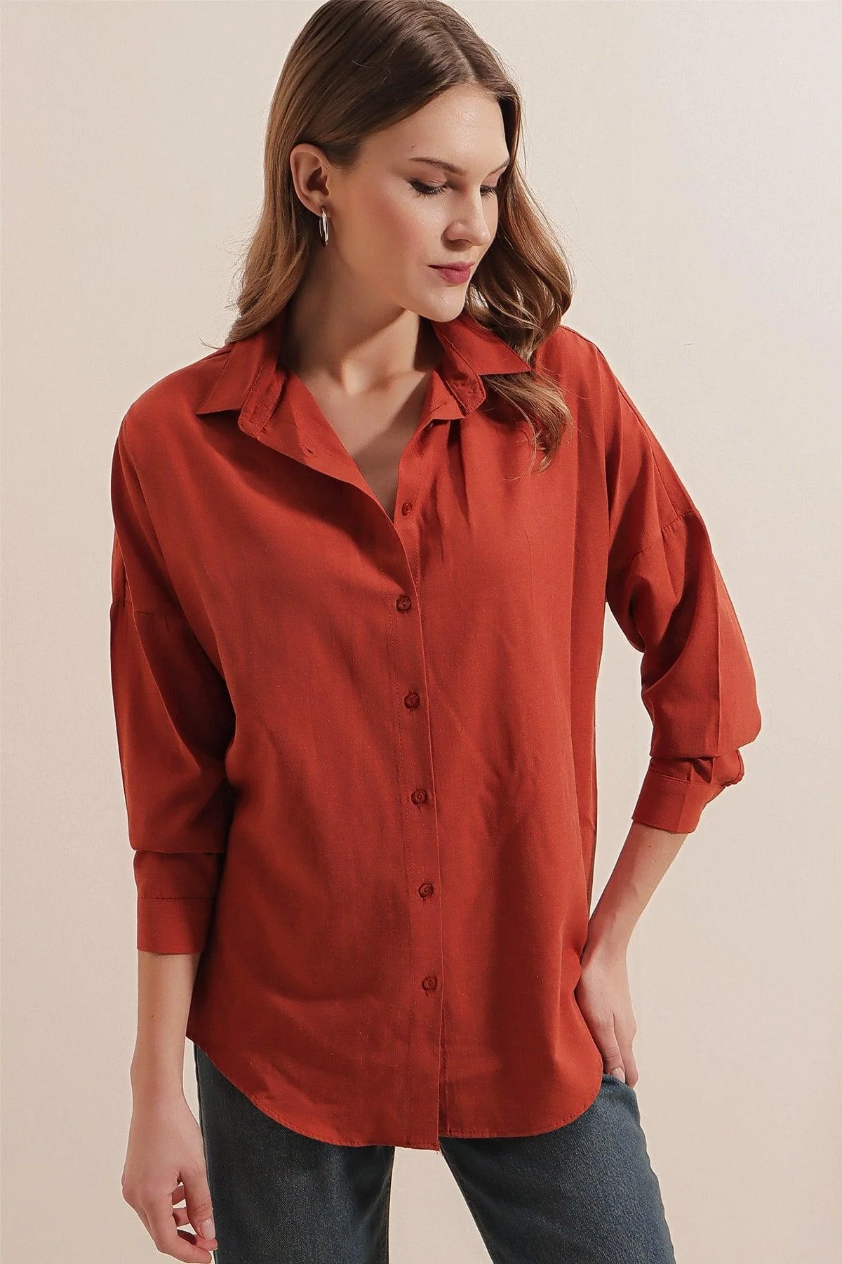 Tile blue oversized long-sleeve cotton shirt for men