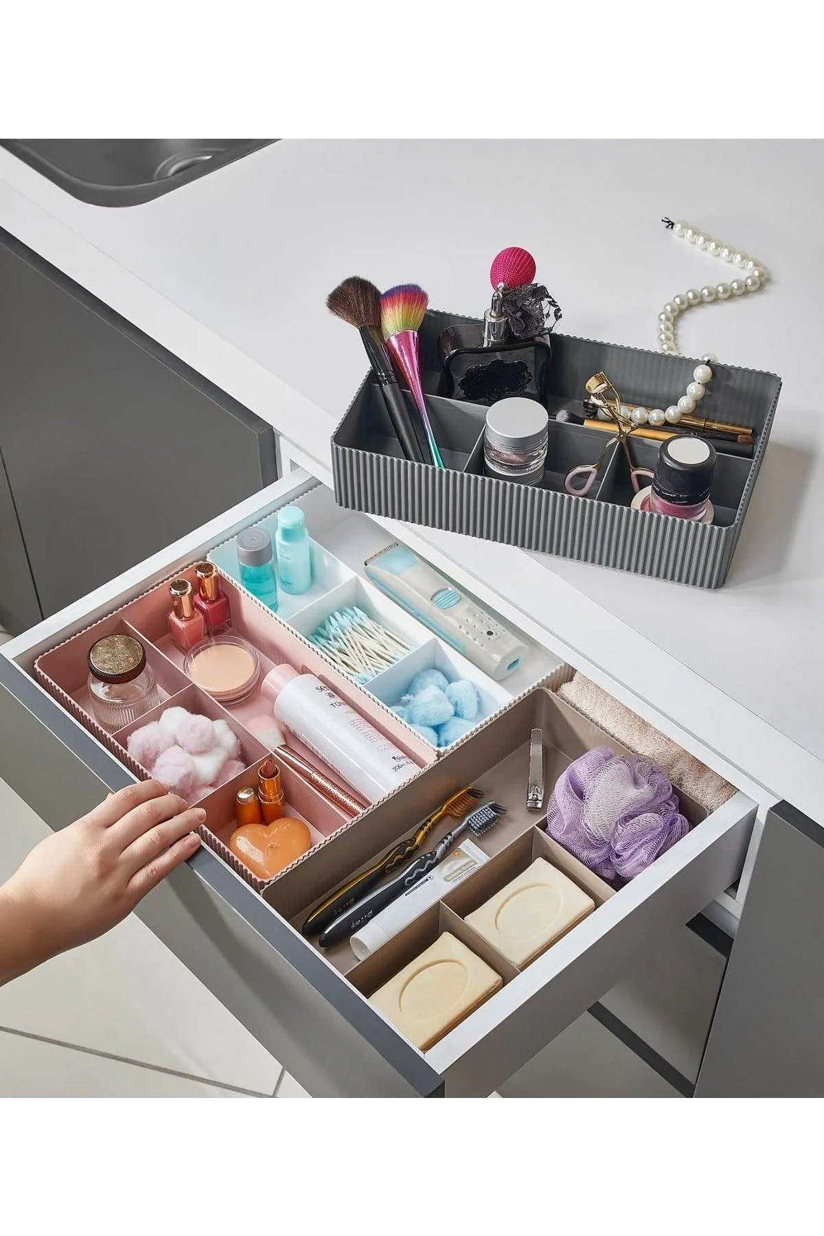 4-Compartment Black Plastic Drawer Organizer, 30x18x6 cm