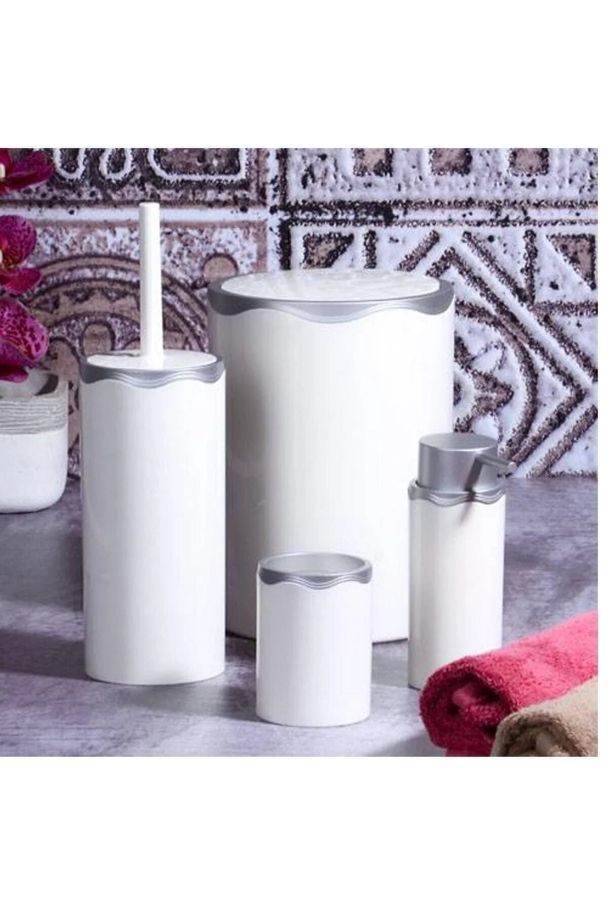 4-piece white acrylic bathroom organizer set with matte silver accents