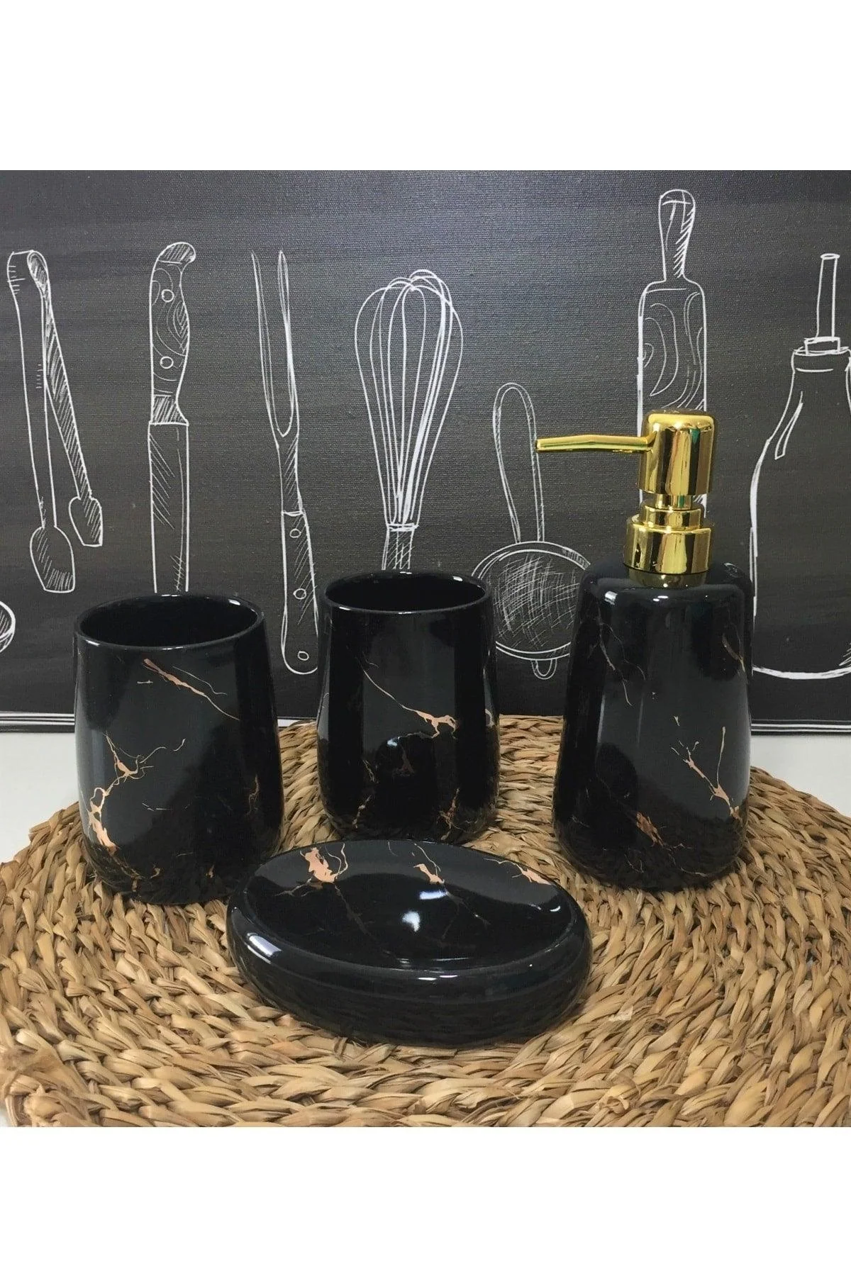 4-piece black marble patterned ceramic bathroom set