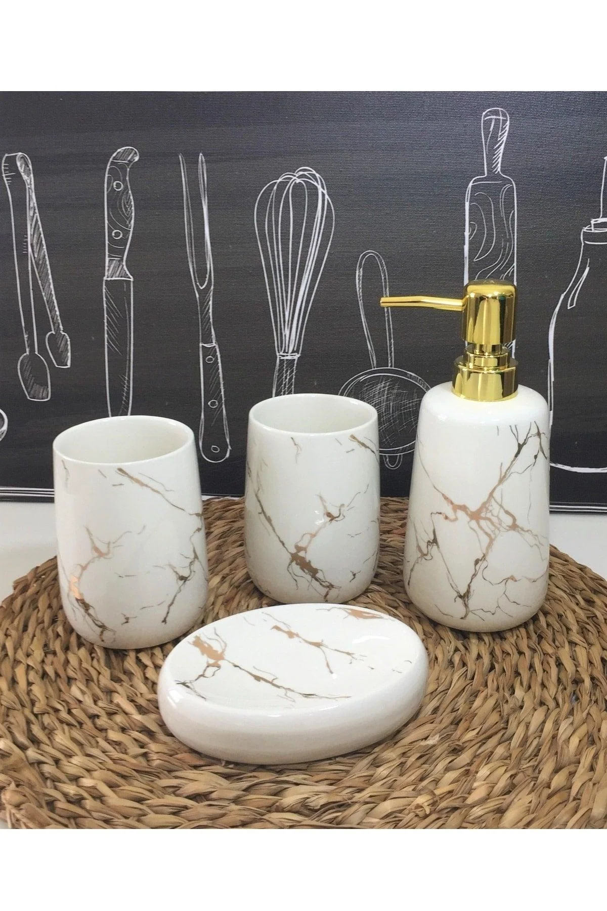 4-piece marble patterned ceramic bathroom set with soap dispensers