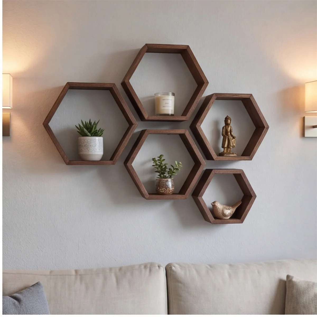 5-Piece Walnut Hexagonal Floating Shelf Set