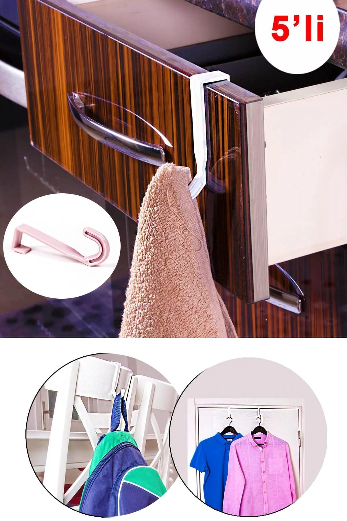 5-Piece Multi-Purpose Plastic Hook Hanger Set for Doors and Cabinets