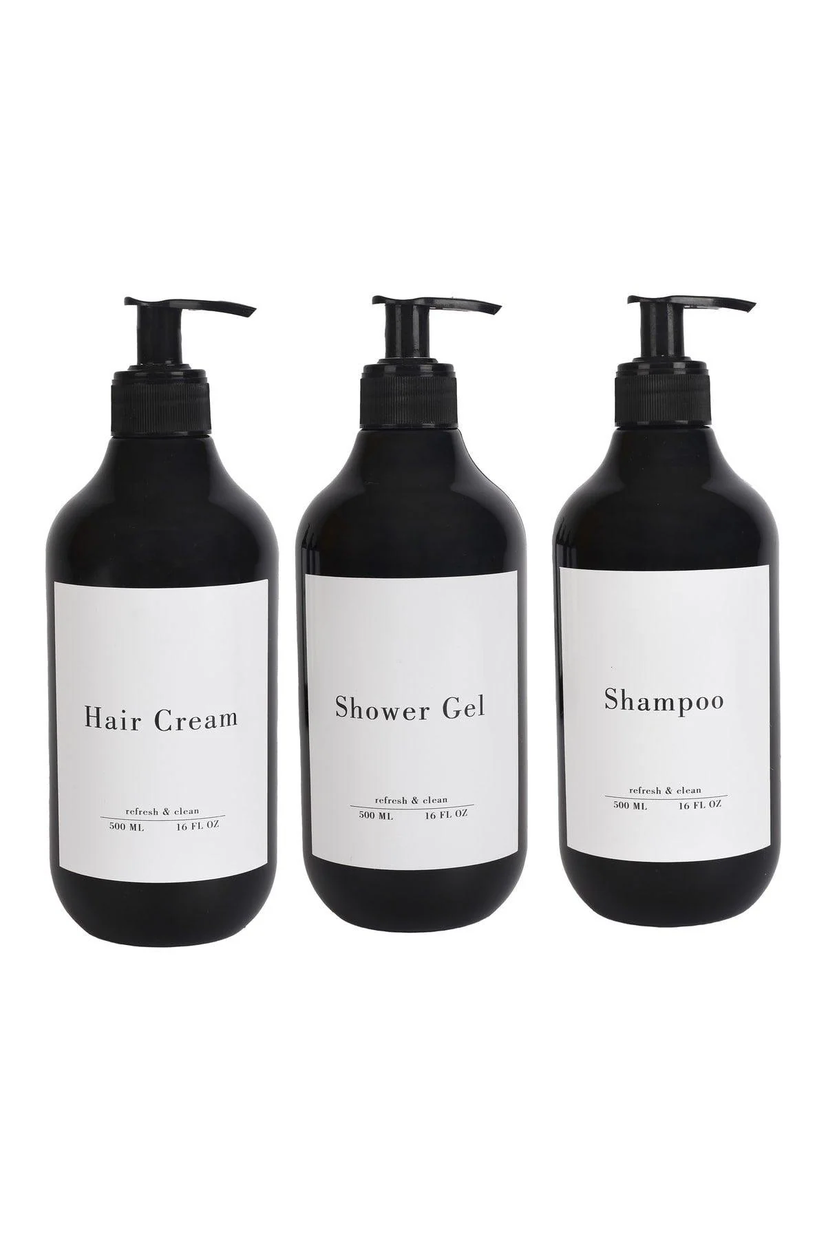 Set of three black 500ml plastic bathroom bottles