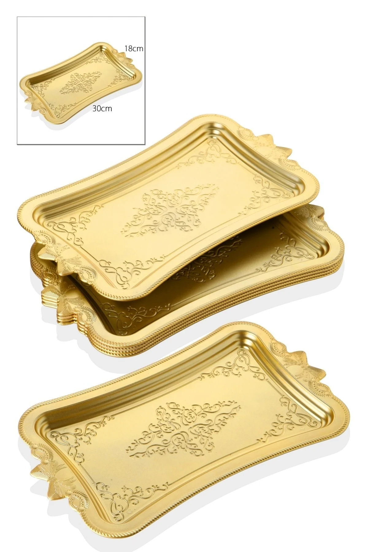 Gold rectangular coffee serving tray with ceramic cups and crystal water glasses