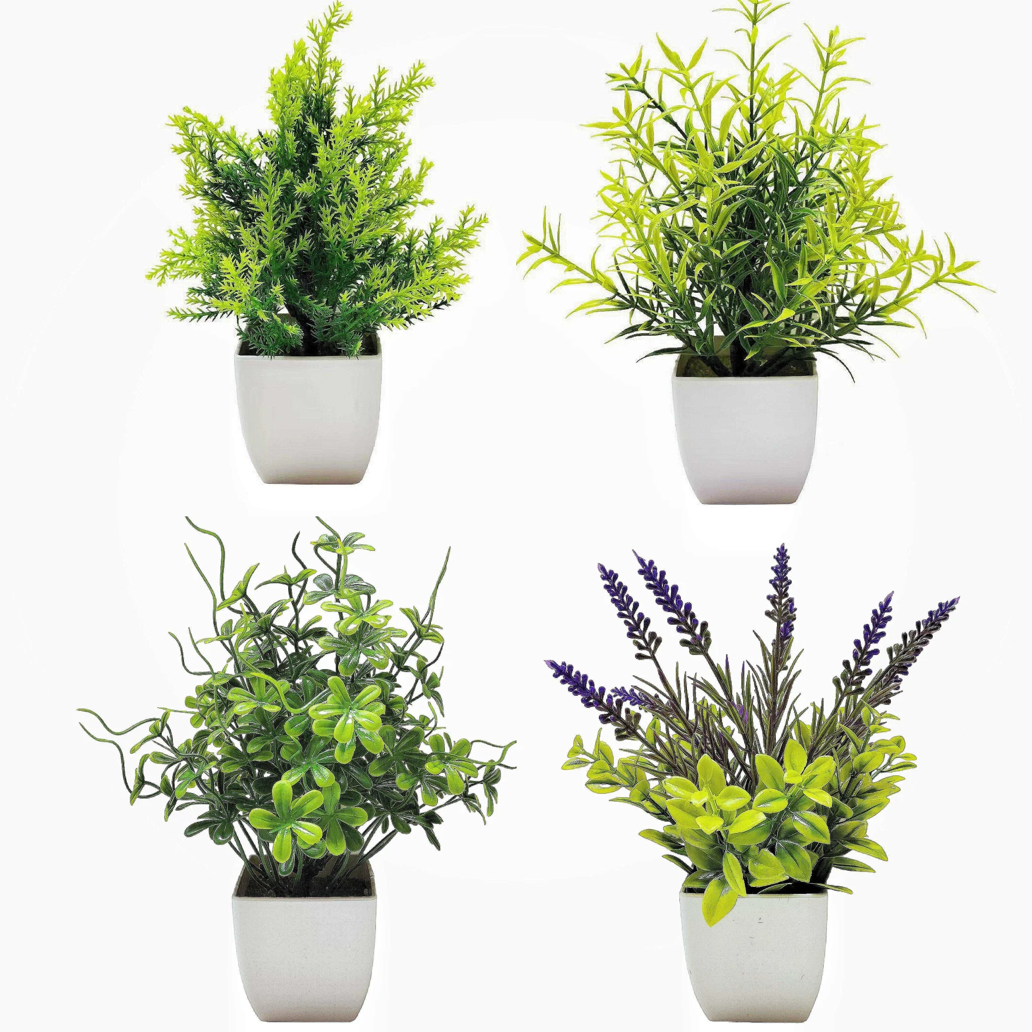 Artificial eucalyptus and wheat grass potted plants in white planters set for home or office