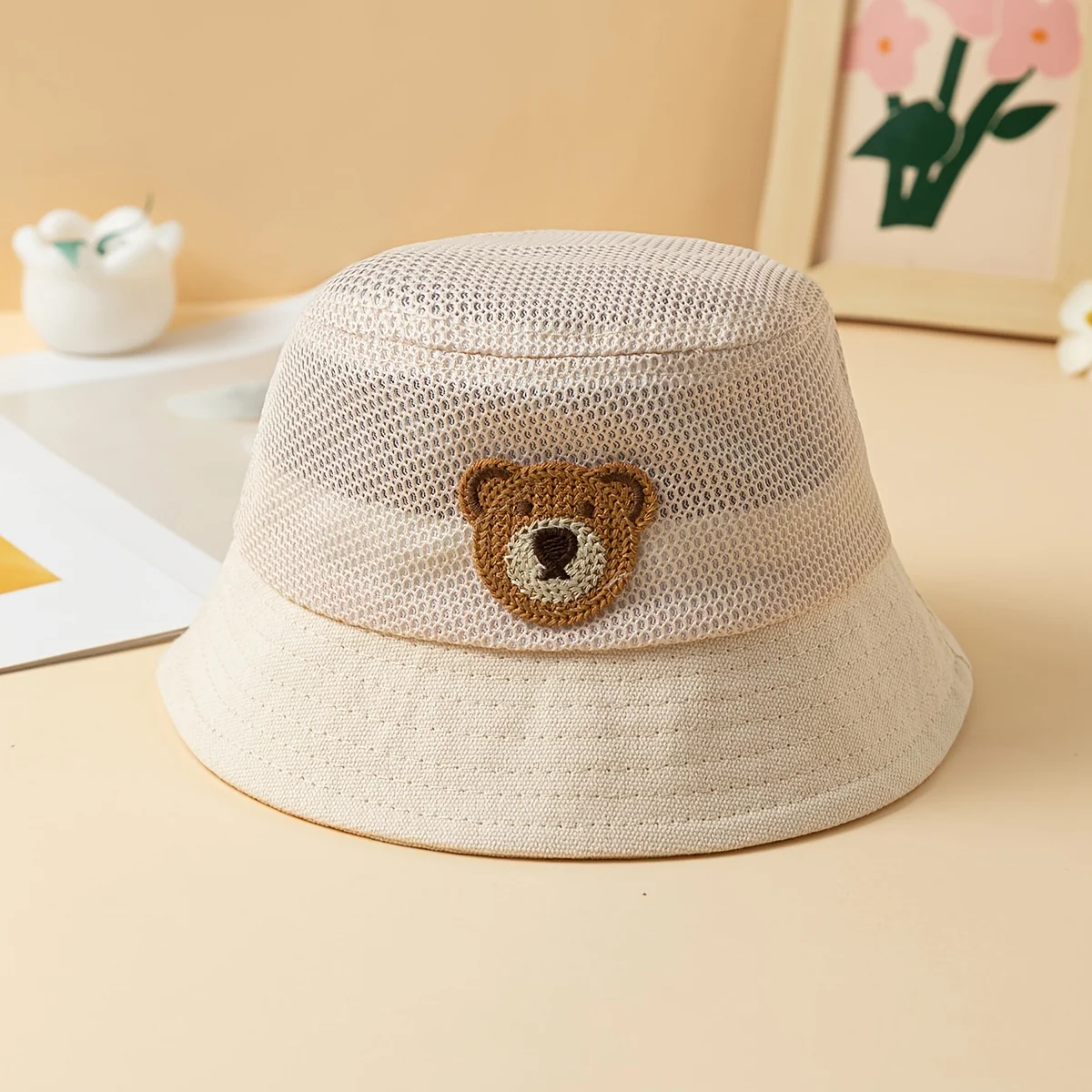 Lightweight Openwork Summer Hat with Bear Patch Graphic