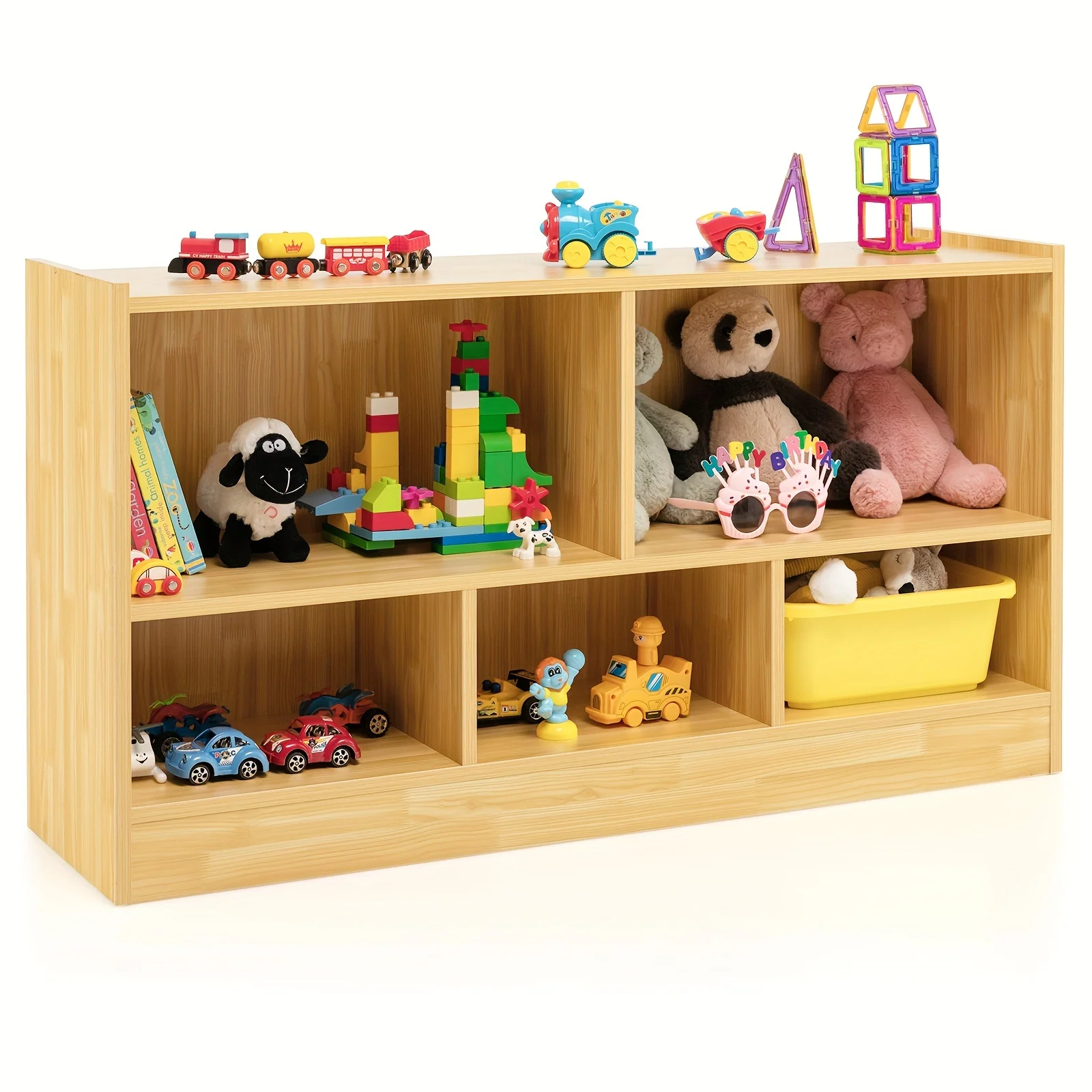 Beige wooden storage cabinet with shelves and storage cubes