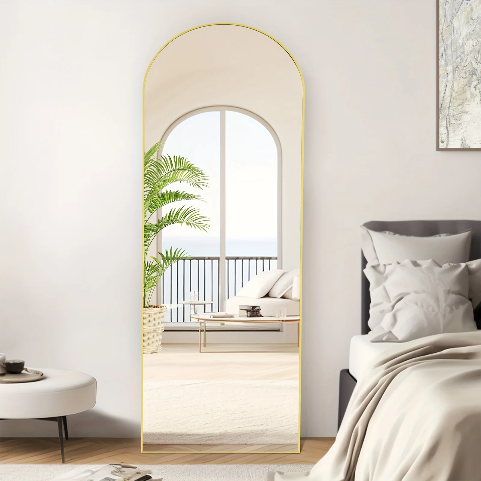 Arched full length floor mirror with aluminum frame and stand