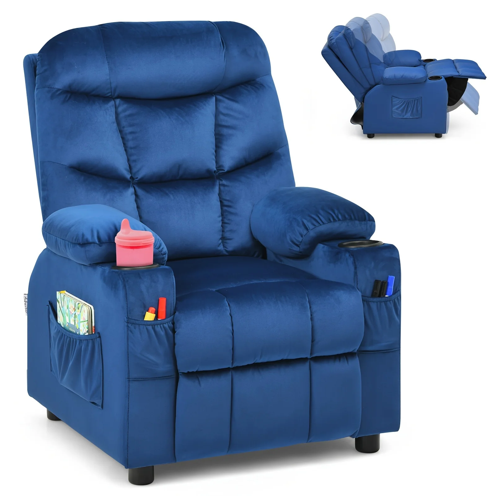 Pink velvet recliner chair for girls with cup holder and storage pocket