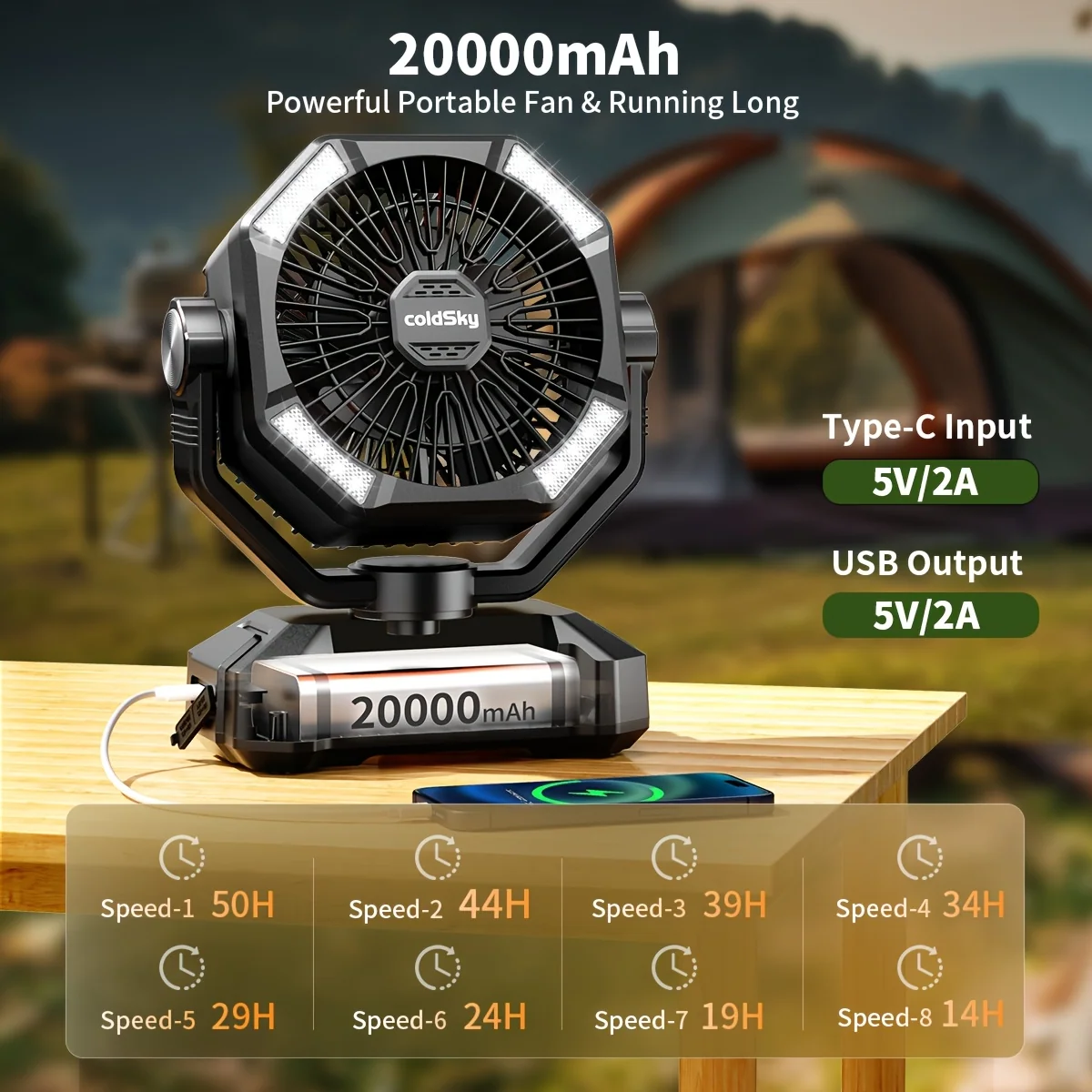 20000mAh portable camping fan with remote control and LED lights