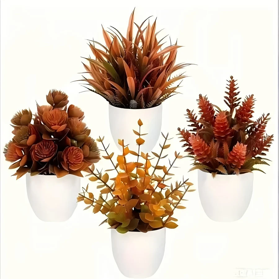 Mini fake bonsai plants set - 4-piece indoor shelf decor collection