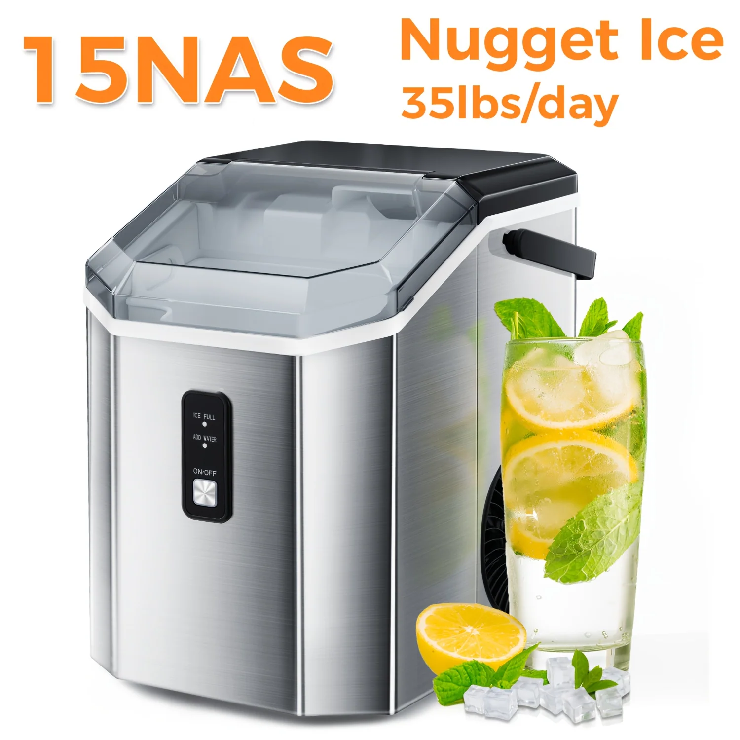 Countertop nugget ice maker with up to 35 lbs daily output