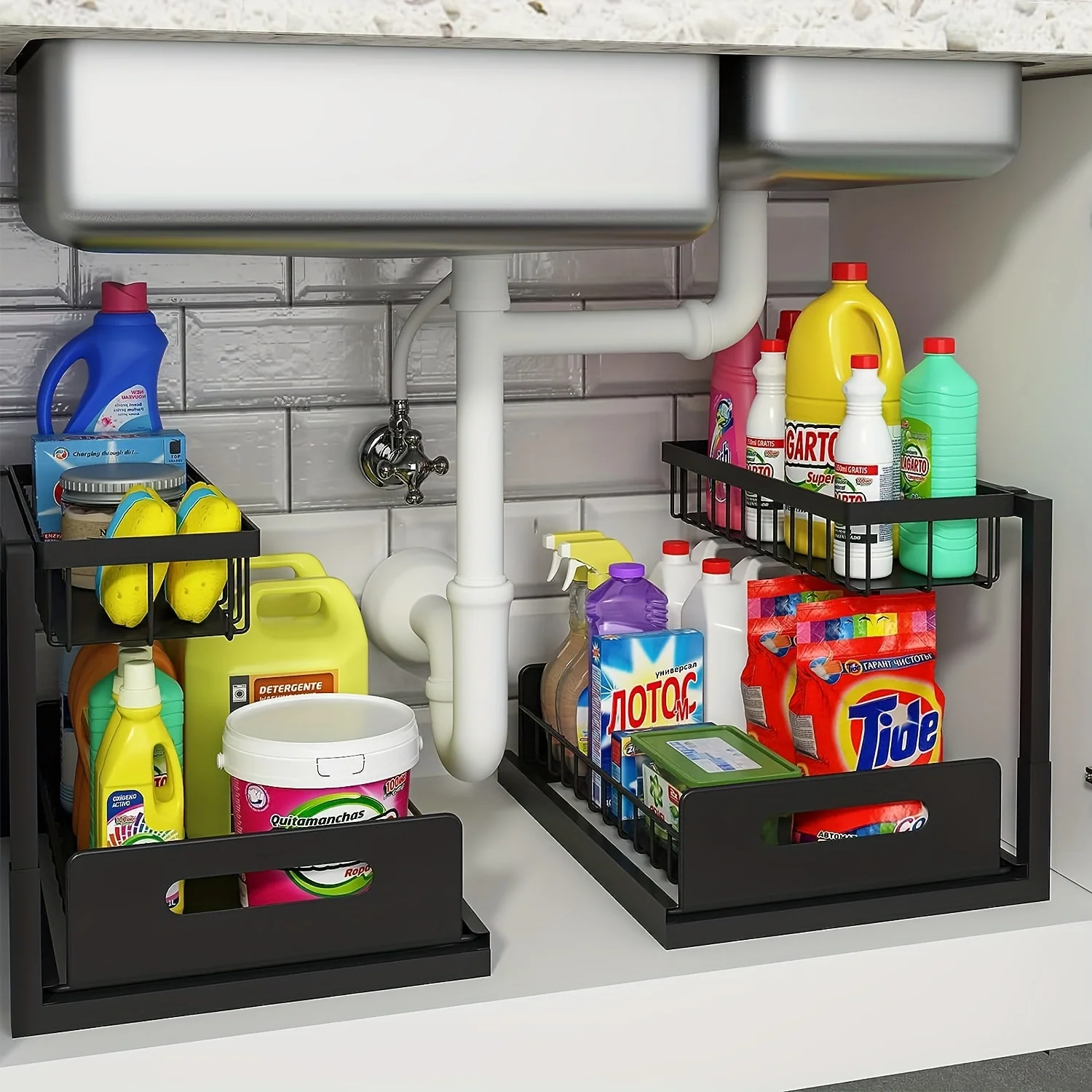 Under-sink organizer with two-tier slide-out shelves